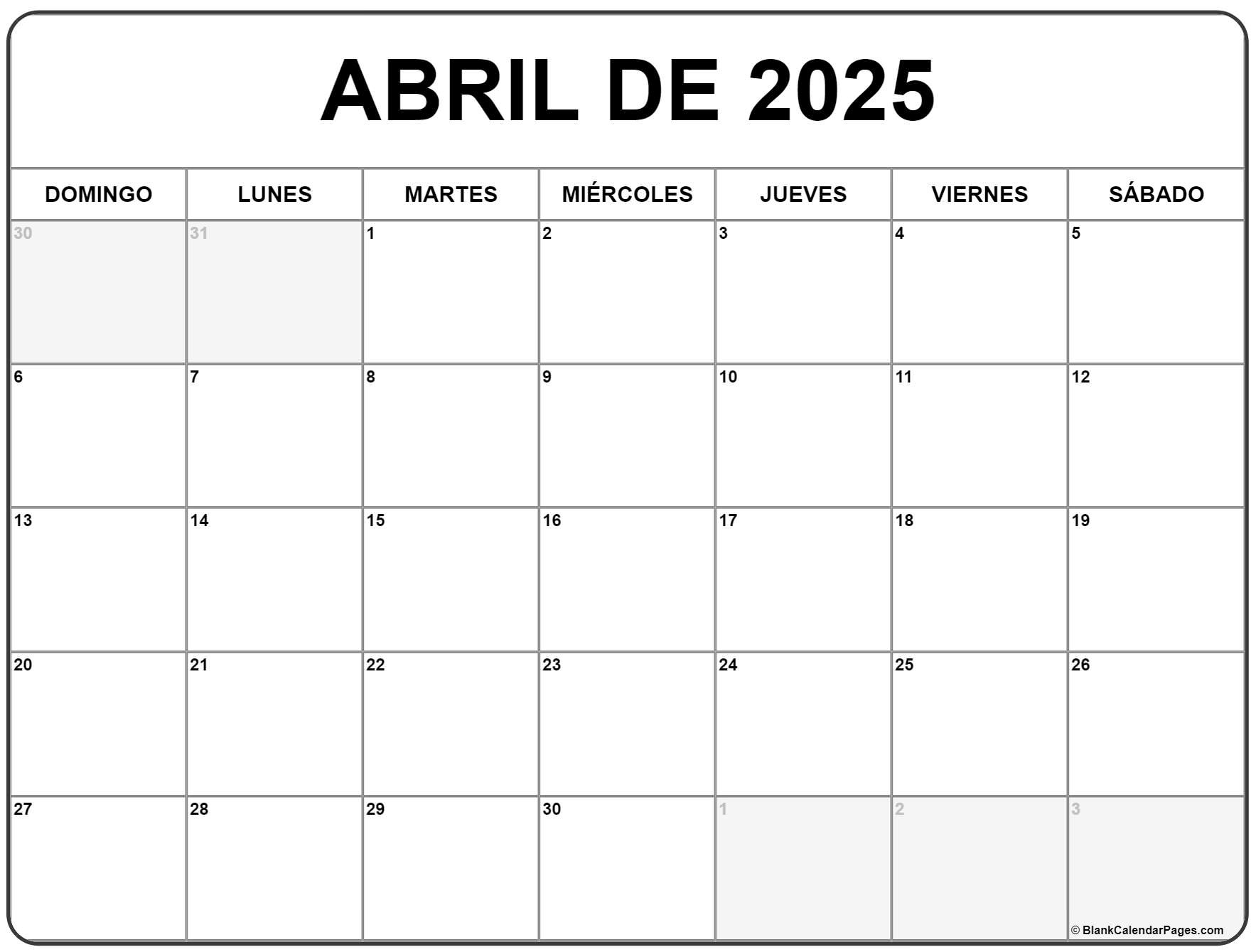 Abril De 2025 Calendario Gratis | Calendario Abril | Calendario De Abril 2025