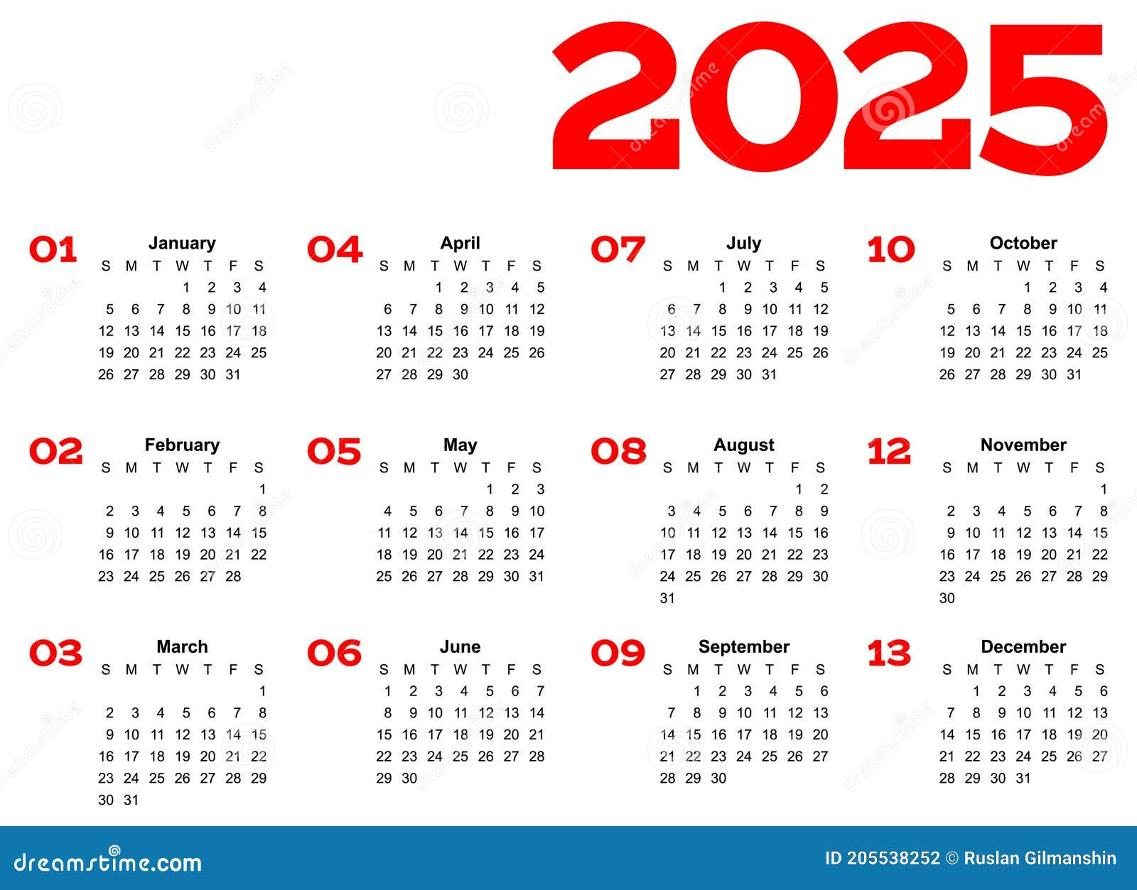 Año 2025 Calendario De Una Página Mes De Cuadrícula Multicolor | Calendario 2025 Mes A Mes