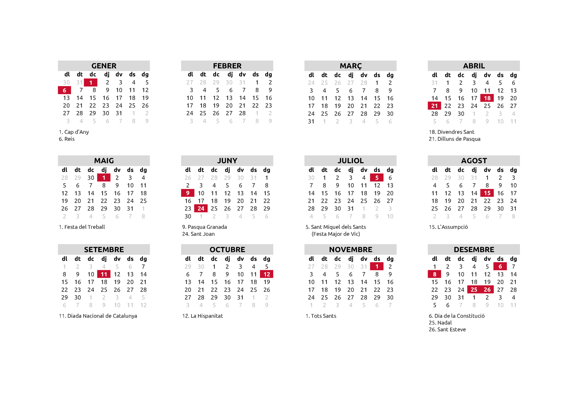 Calendari De Dies Festius De L&amp;#039;Any 2025 - Ajuntament De Vic | Calendari Laboral Vic 2025