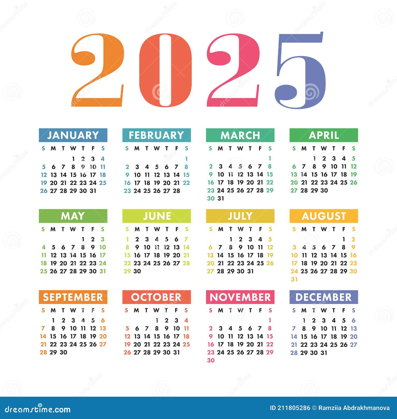 Calendario 2025 Año. Pared Cuadrada Vectorial De Color Inglés O | Calendario Del Año 2025