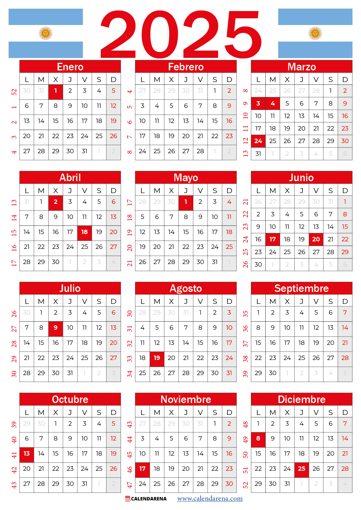 Calendario 2025 Argentina Con Feriados Para Imprimir | Calendario 2025 Argentina Con Feriados