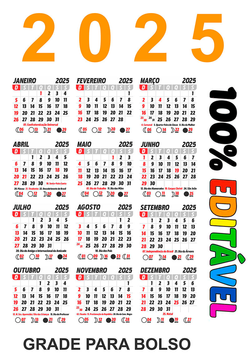 Calendário 2025 Brasileiro Com Feriados Nacionais Vetor | Calendario De Feriados 2025