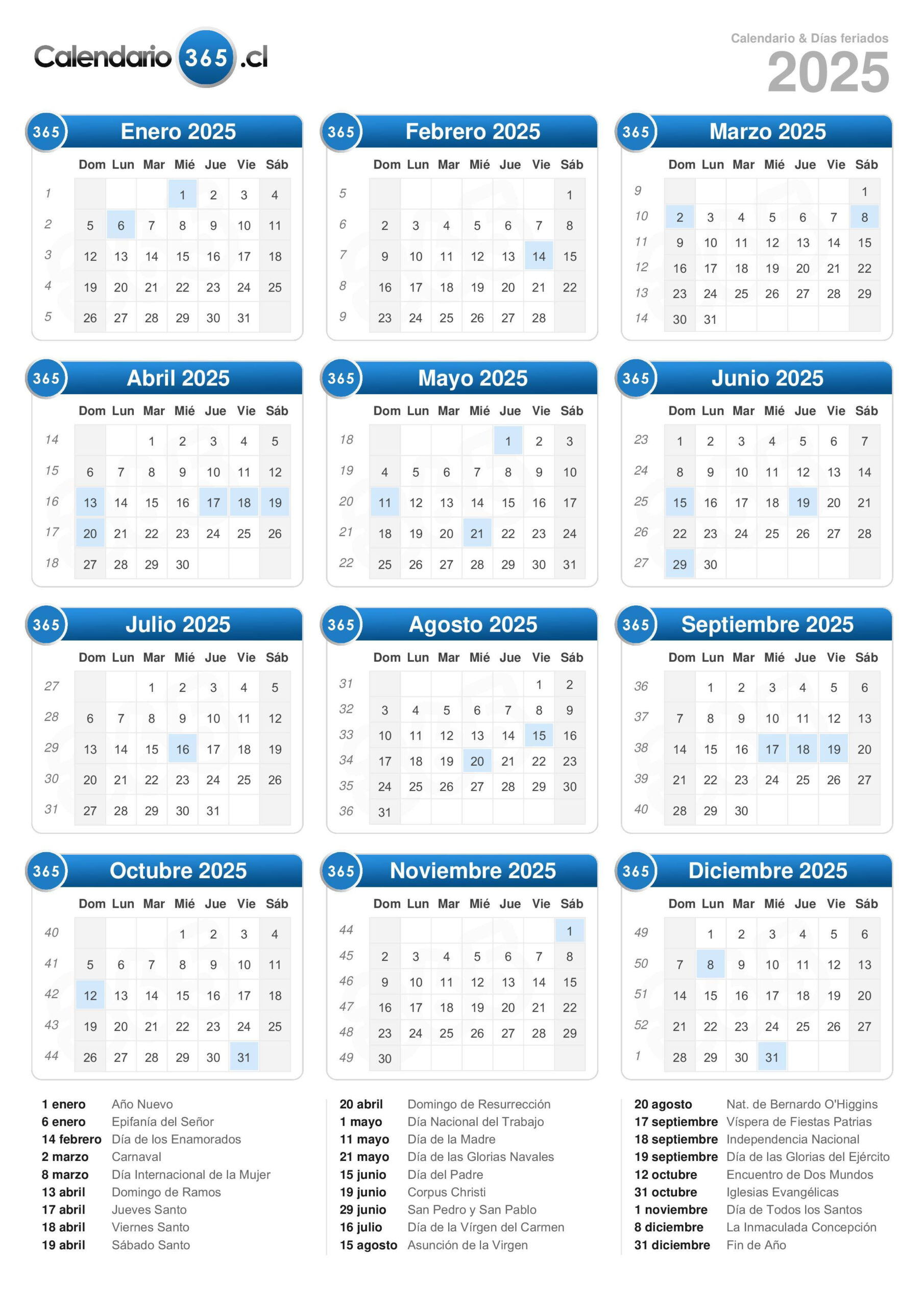 Calendario 2025 | Calendario 2025 Chile Con Feriados