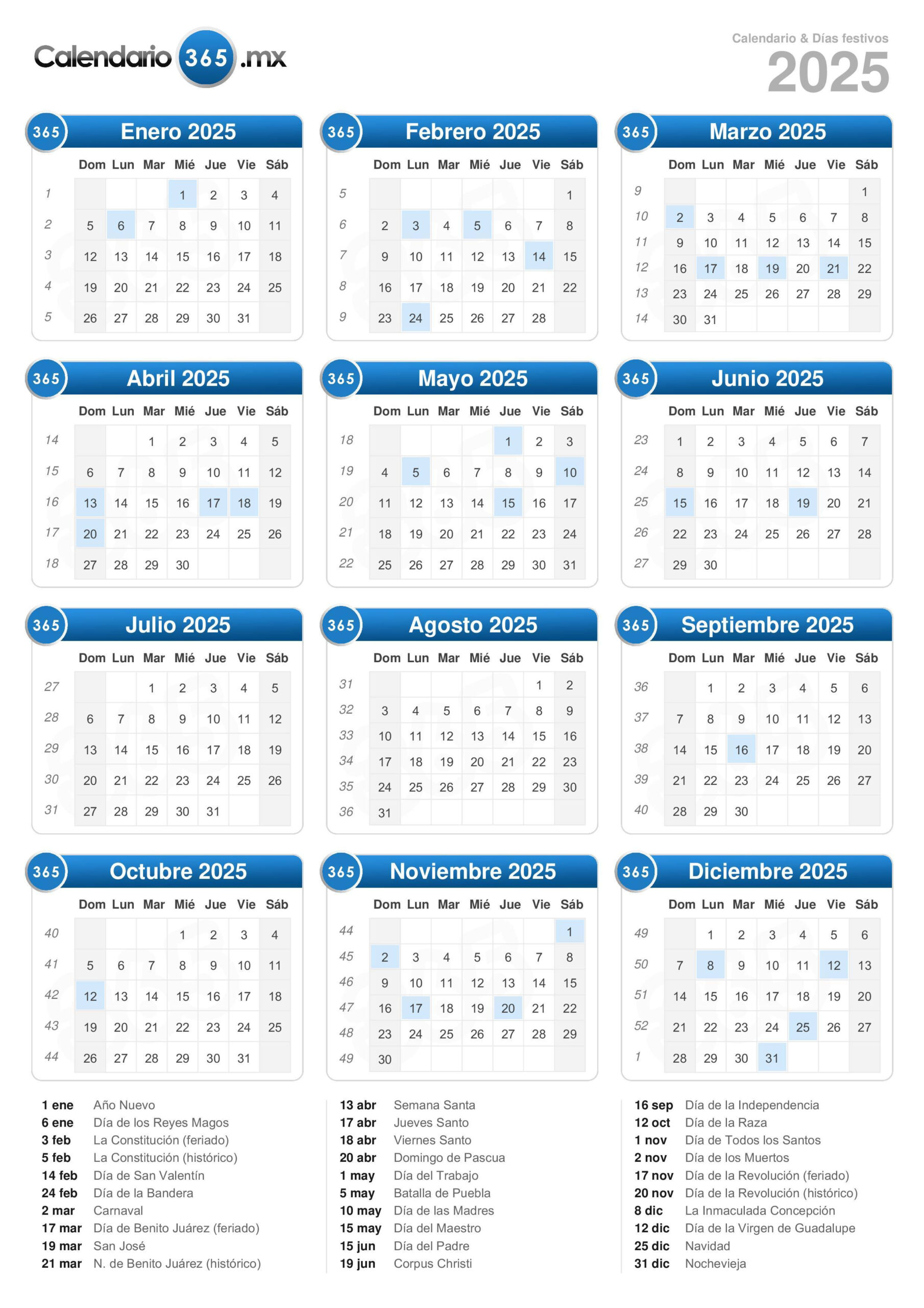 Calendario 2025 | Calendario 2025 Con Semanas Numeradas