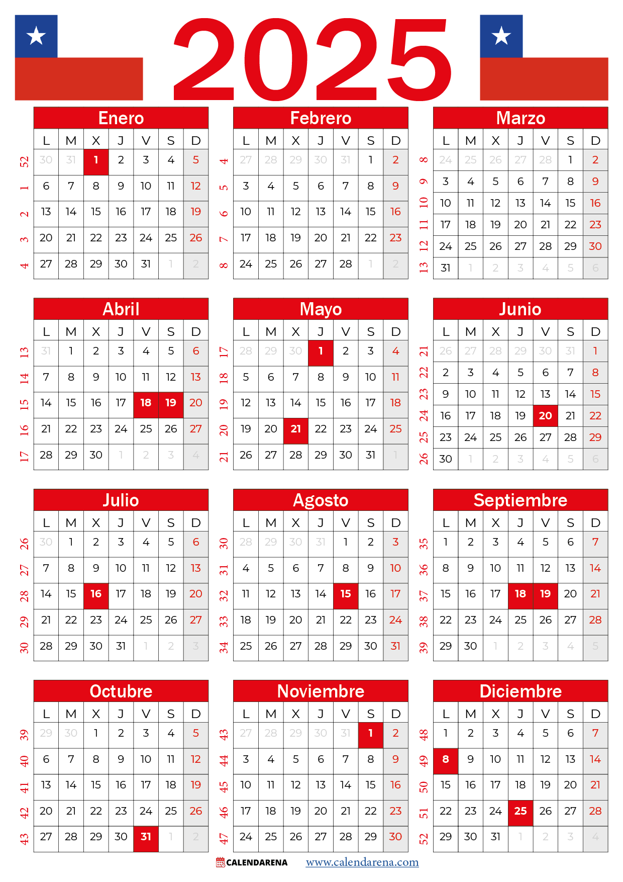 Calendario 2025 Chile Con Festivos Pdf | Calendario 2025 Chile Con Feriados
