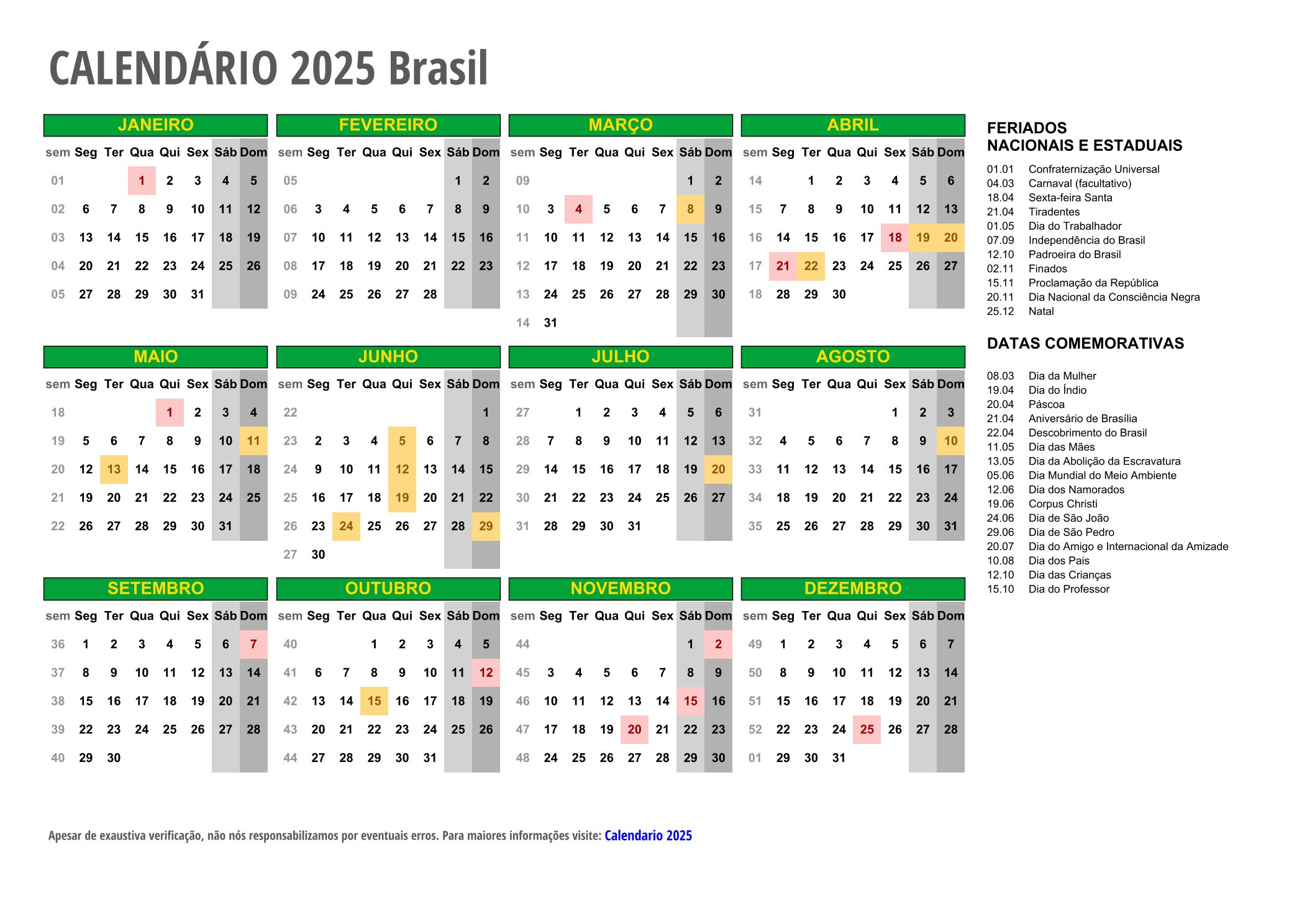 Calendário 2025 Com Feriados - Todos Os Estados | Calendario De Feriados 2025