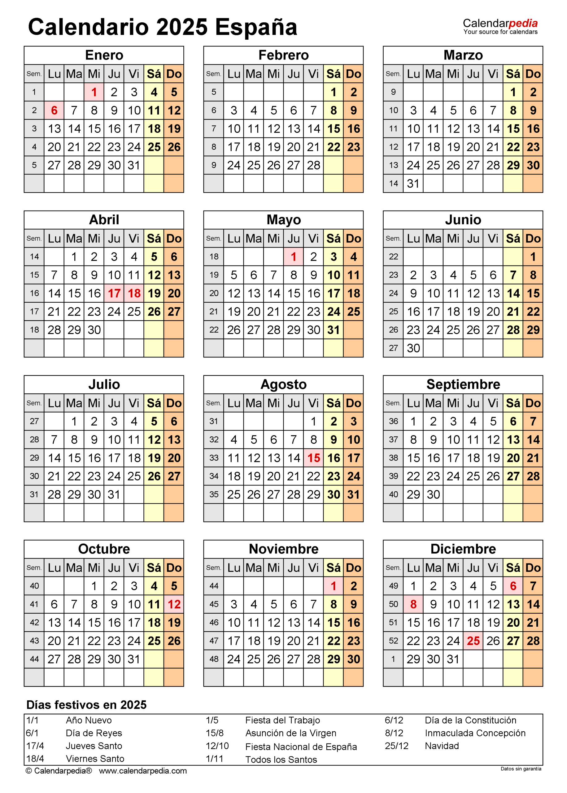 Calendario 2025 En Word, Excel Y Pdf - Calendarpedia | Calendario Con Semanas 2025