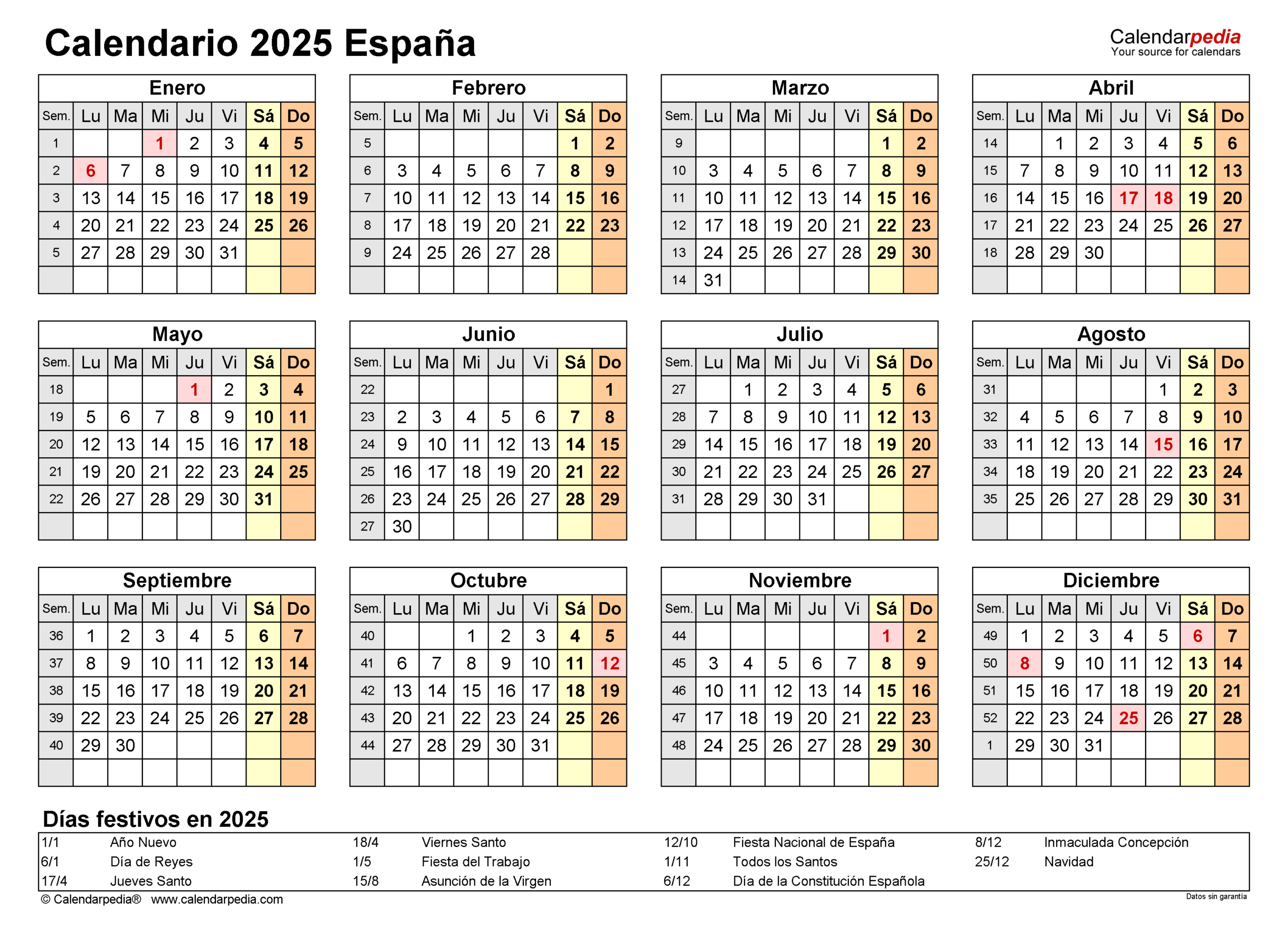 Calendario 2025 En Word, Excel Y Pdf - Calendarpedia | Plantilla Calendario Laboral 2025