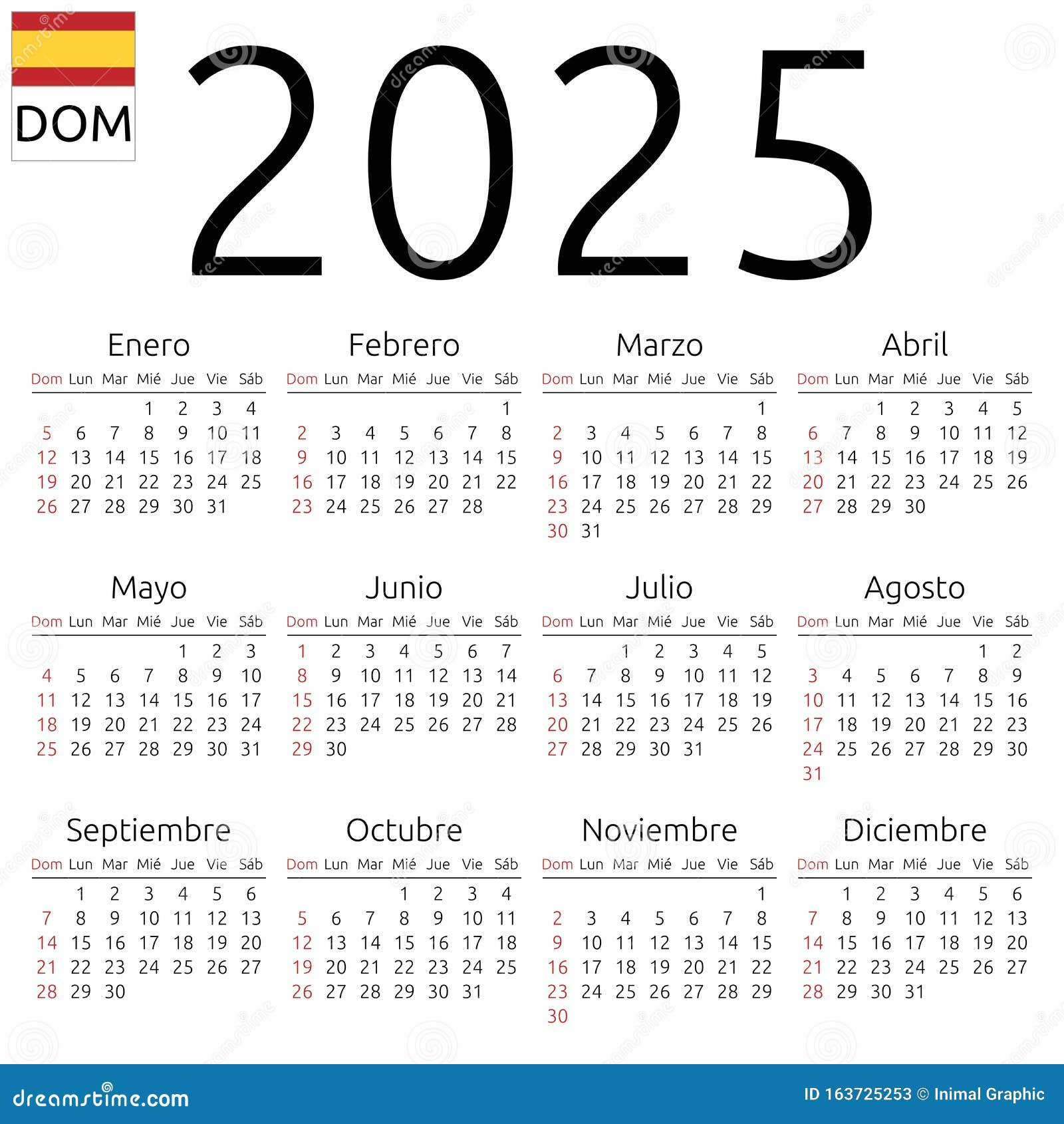 Calendario 2025, Español, Domingo Ilustración Del Vector | Calendario 2025 En Español