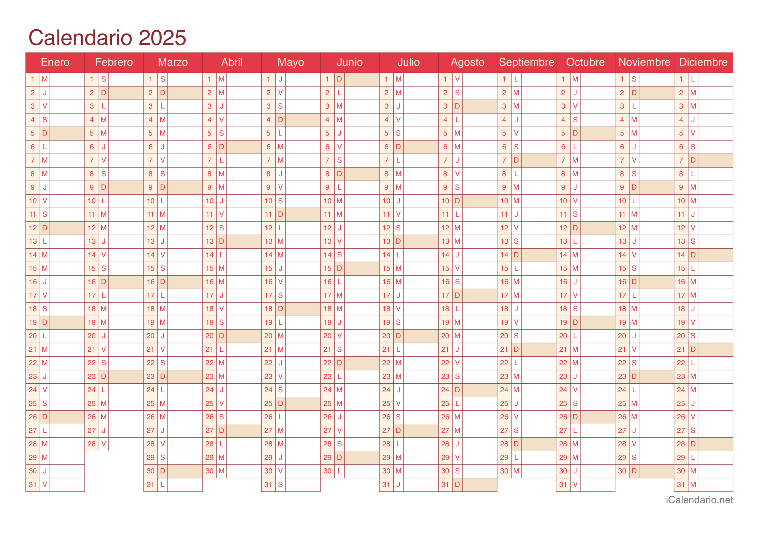 Calendario 2025 Para Imprimir Pdf Y Excel | Calendario 2025 Para Escribir