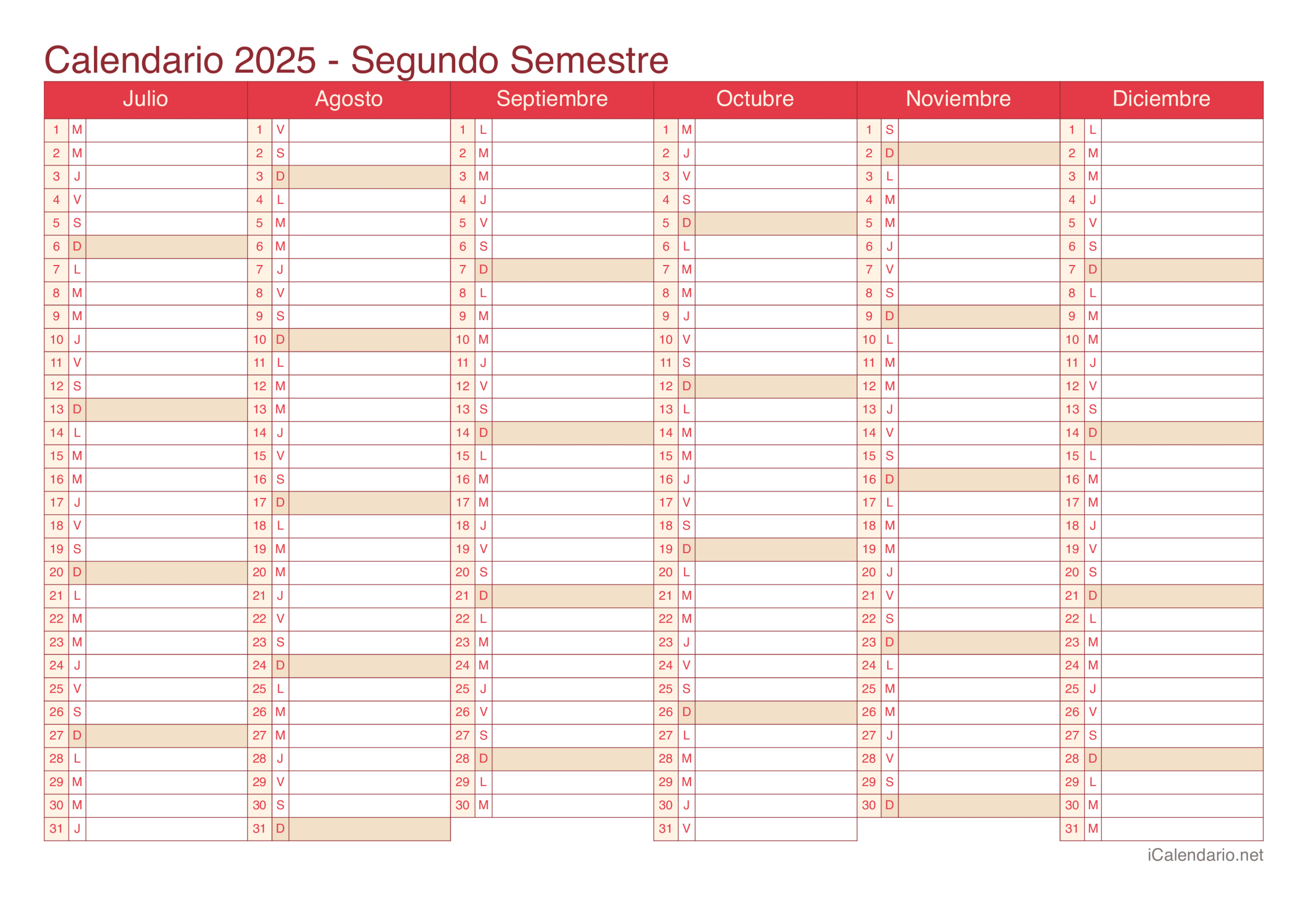 Calendario 2025 Para Imprimir Pdf Y Excel | Calendario En Blanco 2025