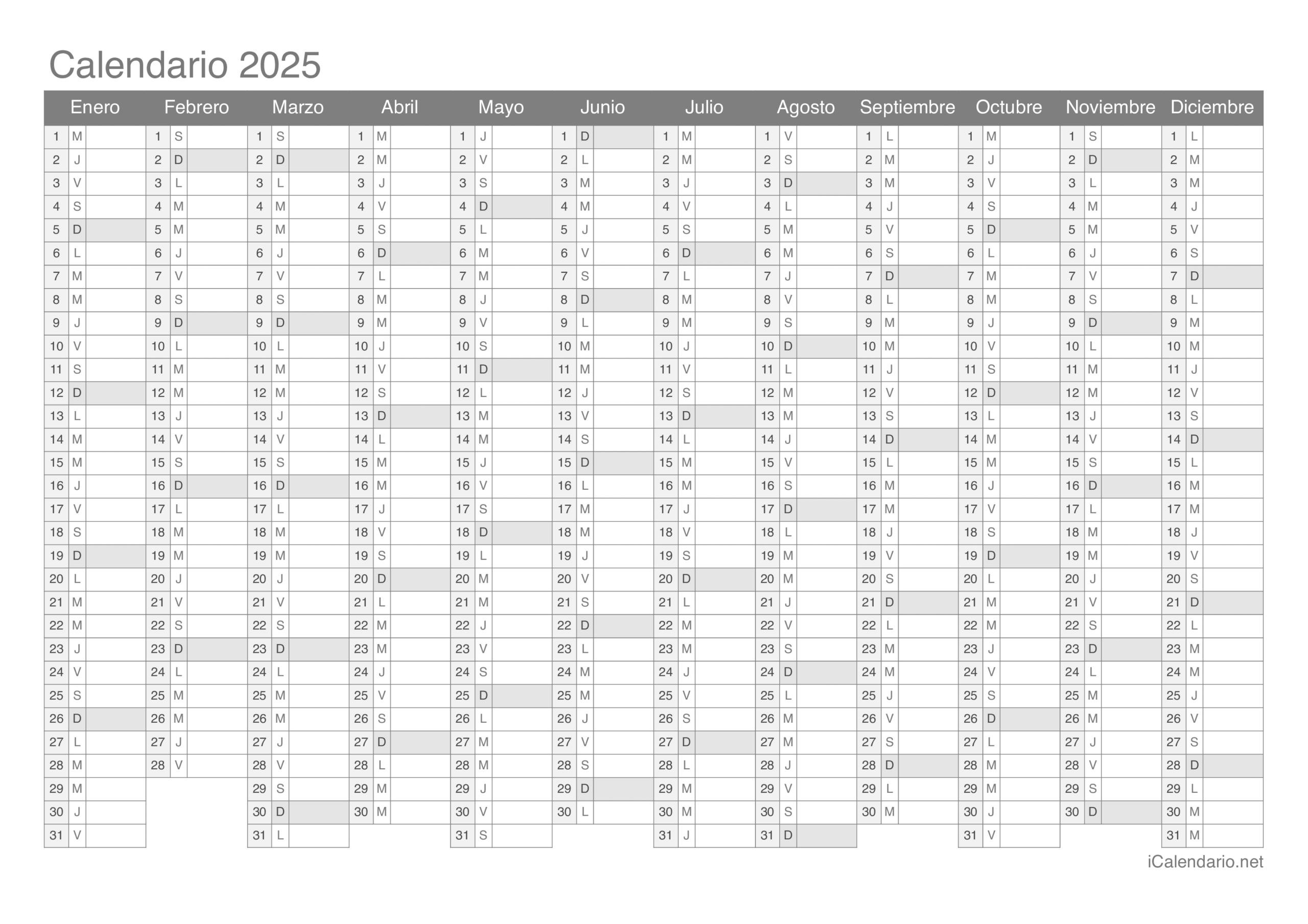 Calendario 2025 Para Imprimir Pdf Y Excel | Calendario Mensual 2025