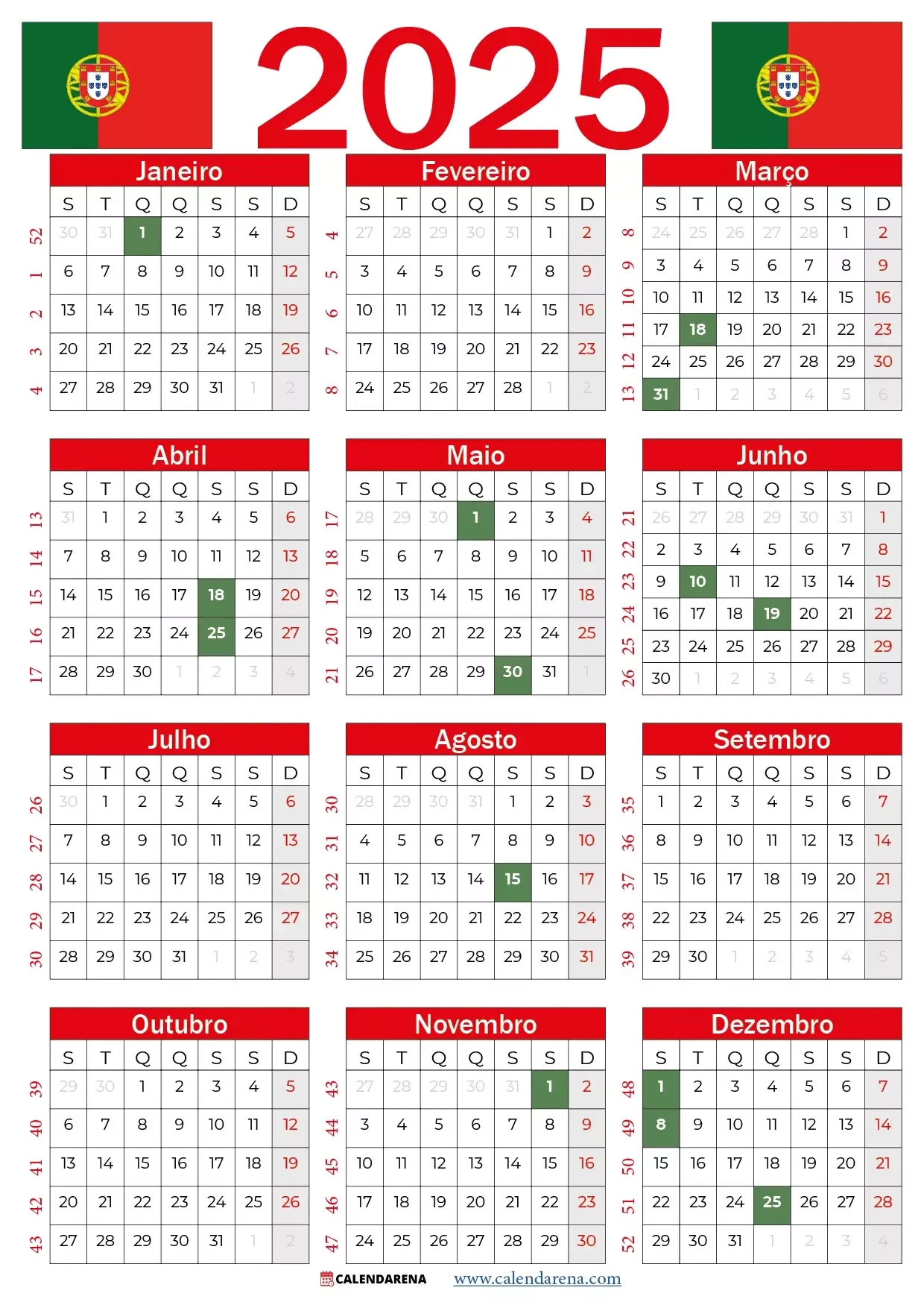 Calendário 2025 Portugal Para Imprimir Com Feriados | Calendario Laboral Portugal 2025