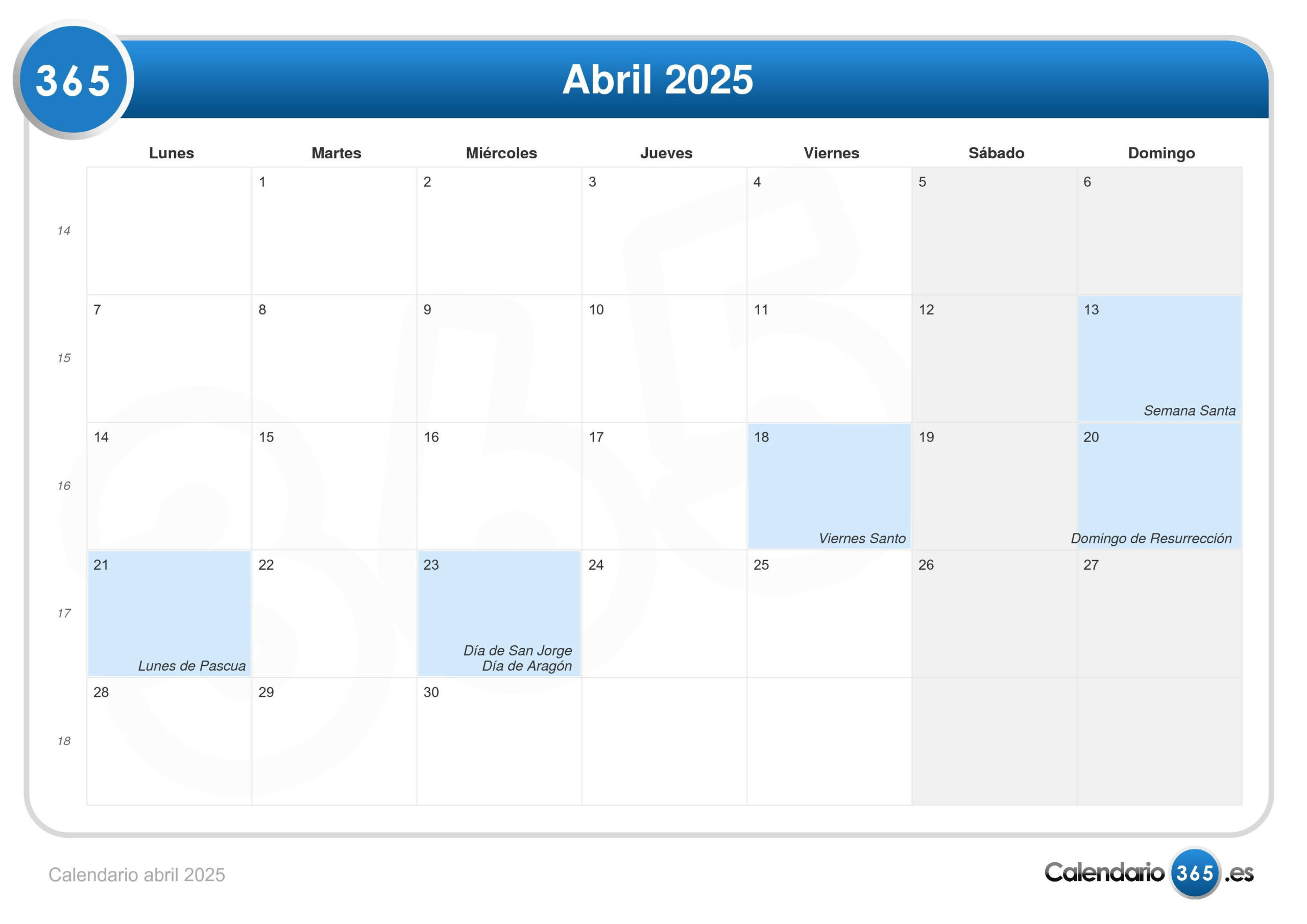 Calendario Abril 2025 | Calendario De Semana Santa 2025
