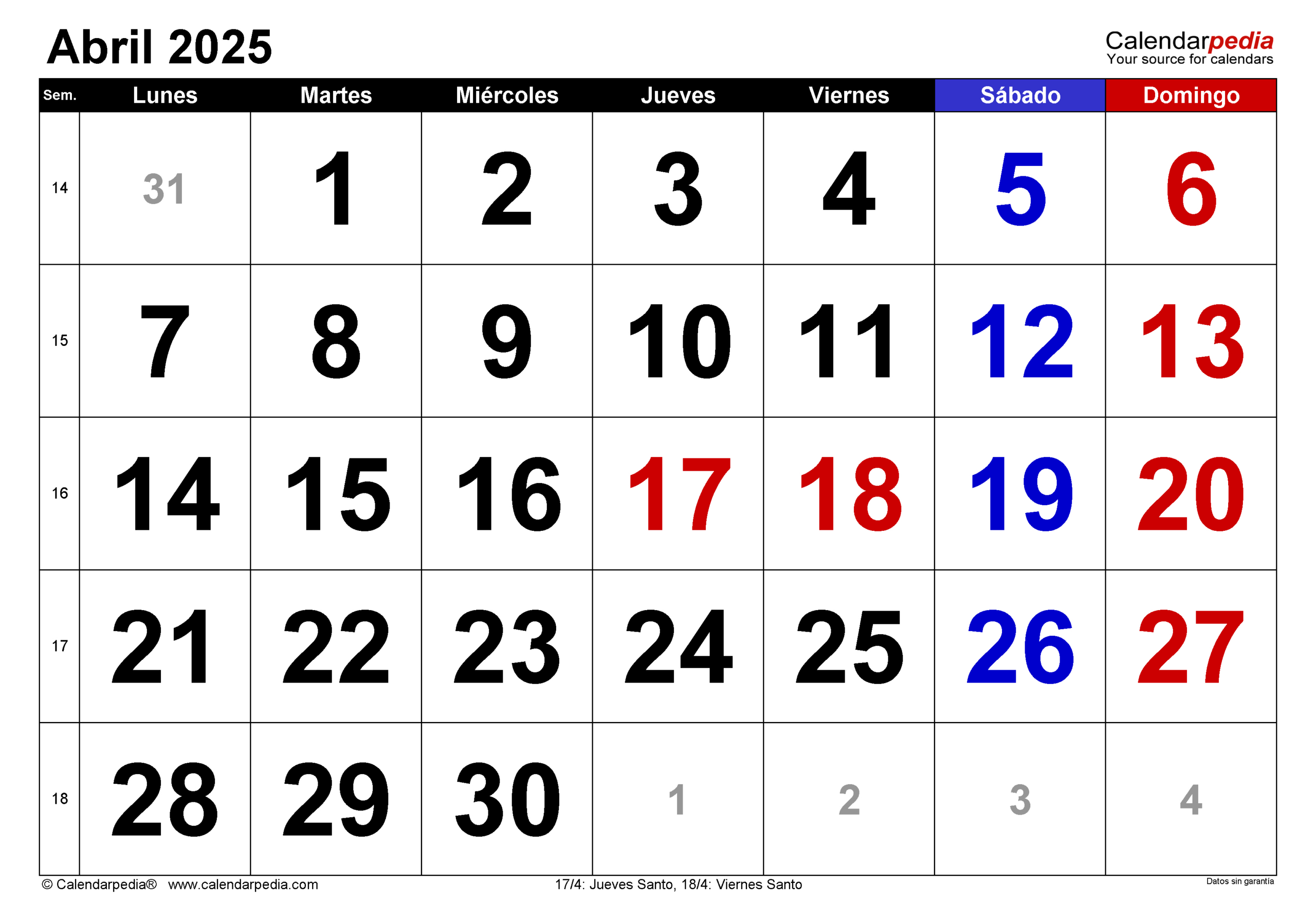 Calendario Abril 2025 En Word, Excel Y Pdf - Calendarpedia | Calendario 2025 Semana Santa