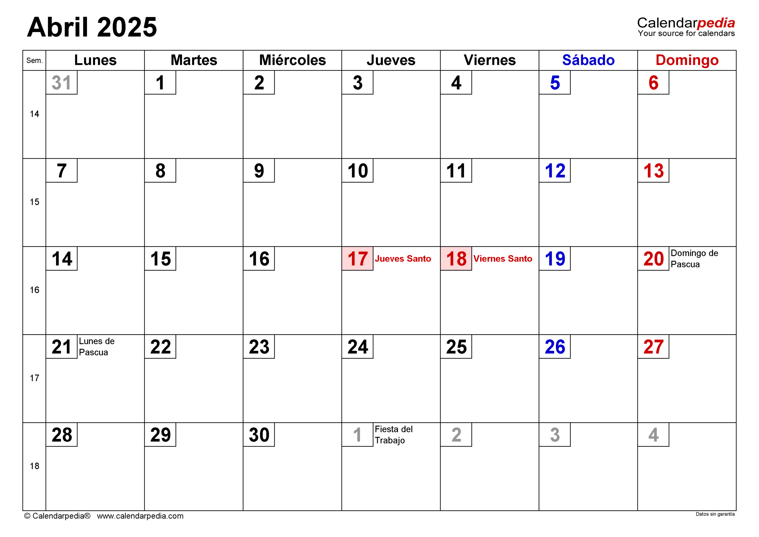 Calendario Abril 2025 En Word, Excel Y Pdf - Calendarpedia | Calendario Semana Santa 2025