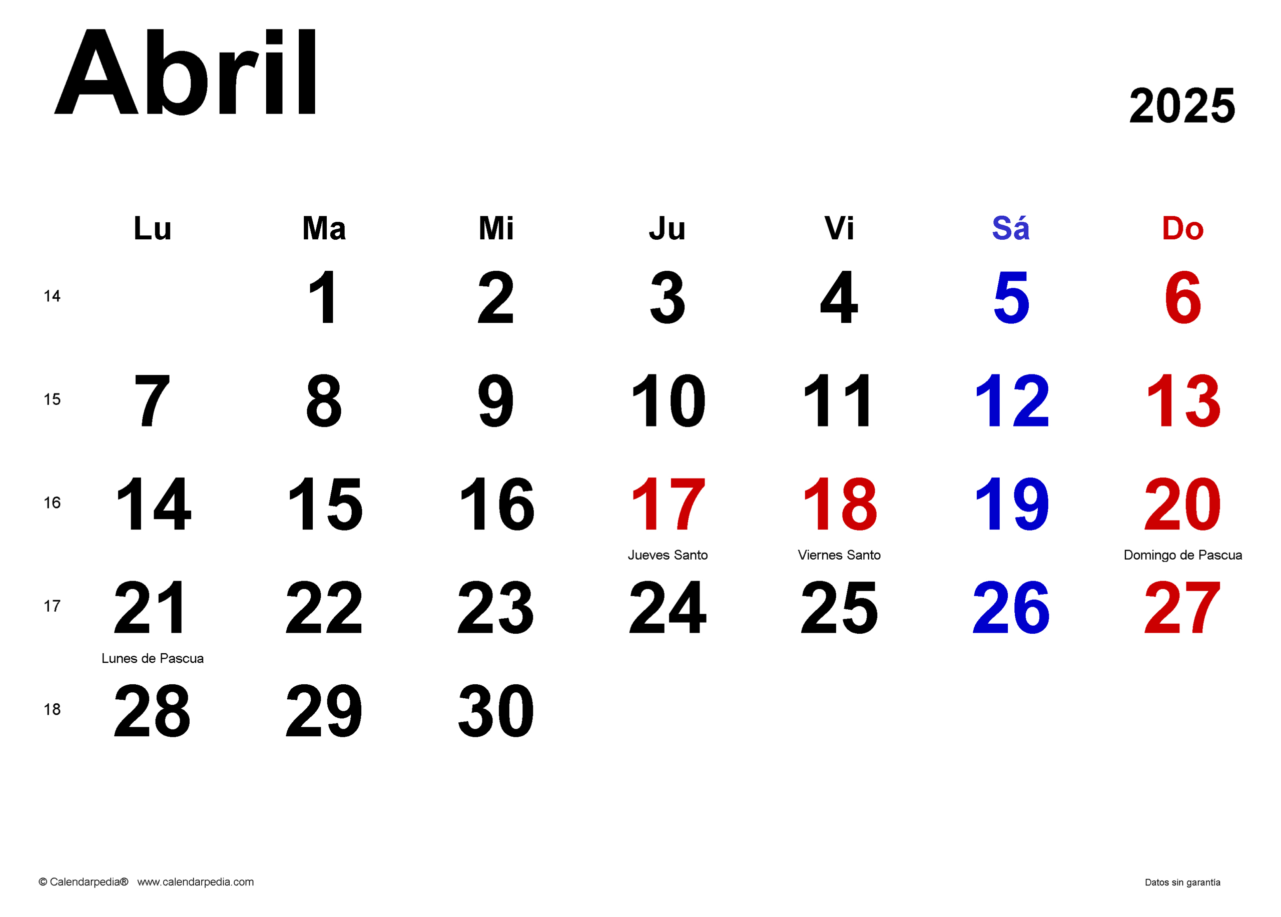 Calendario Abril 2025 En Word, Excel Y Pdf - Calendarpedia | Jueves Santo 2025 Calendario