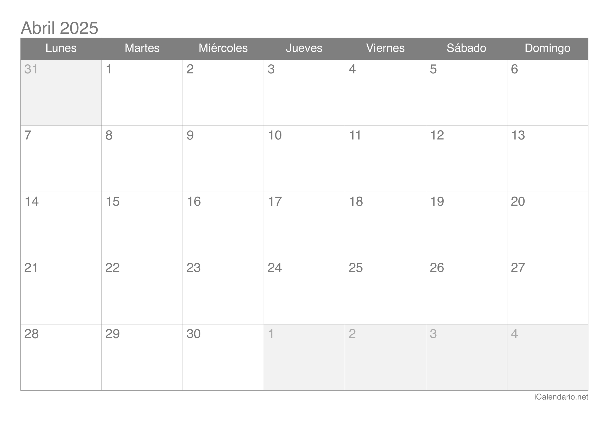 Calendario Abril De 2025 Para Imprimir | Calendario De Abril 2025