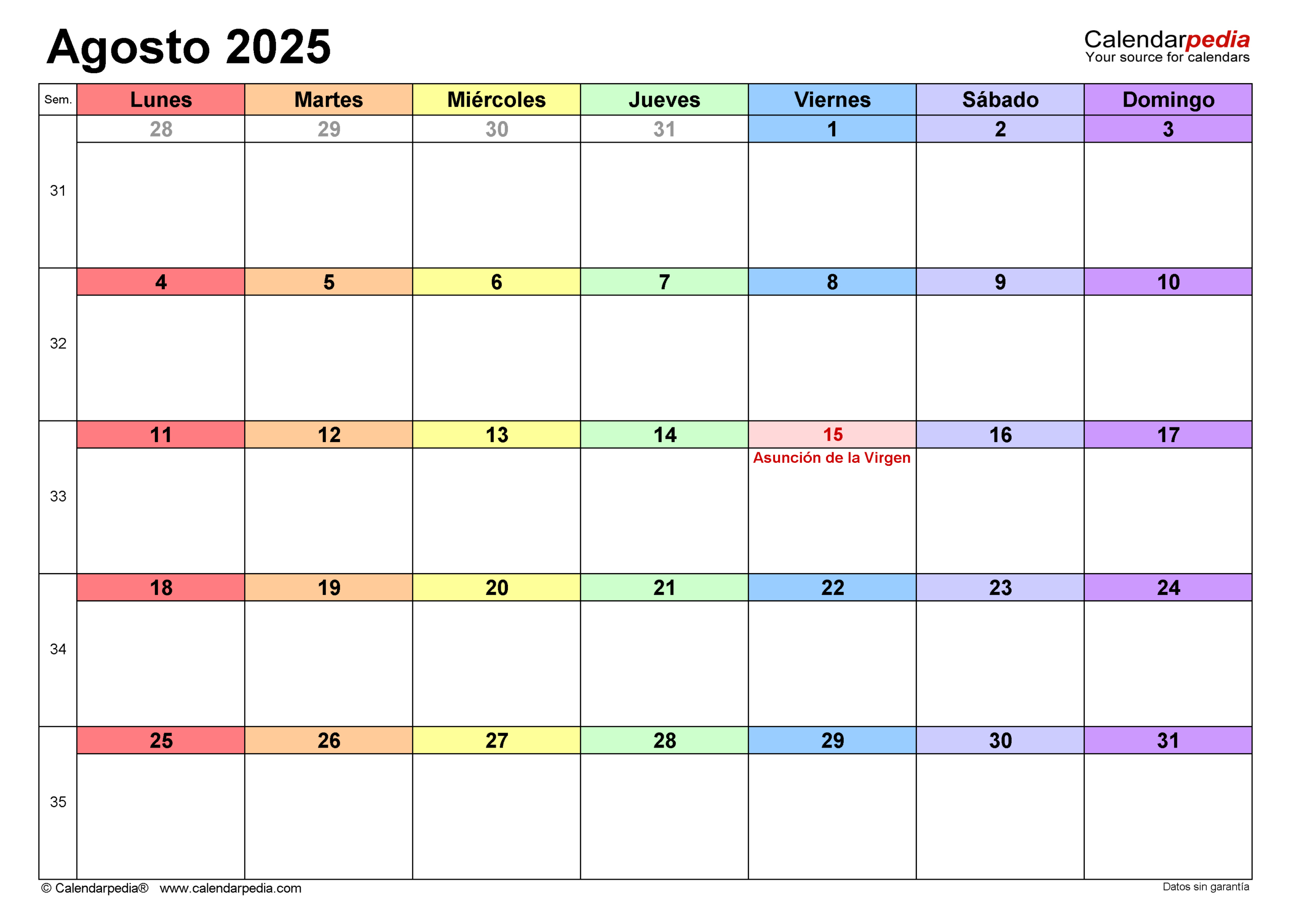 Calendario Agosto 2025 En Word, Excel Y Pdf - Calendarpedia | Calendario Agosto 2025 Para Imprimir