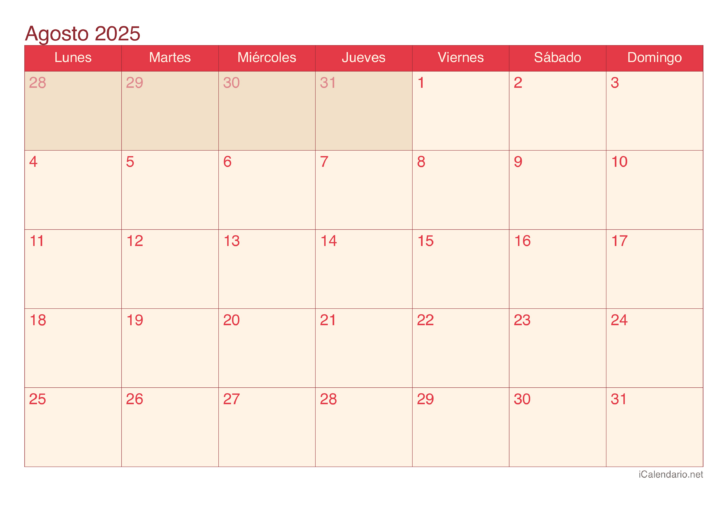 Calendario Agosto 2025 Para Imprimir