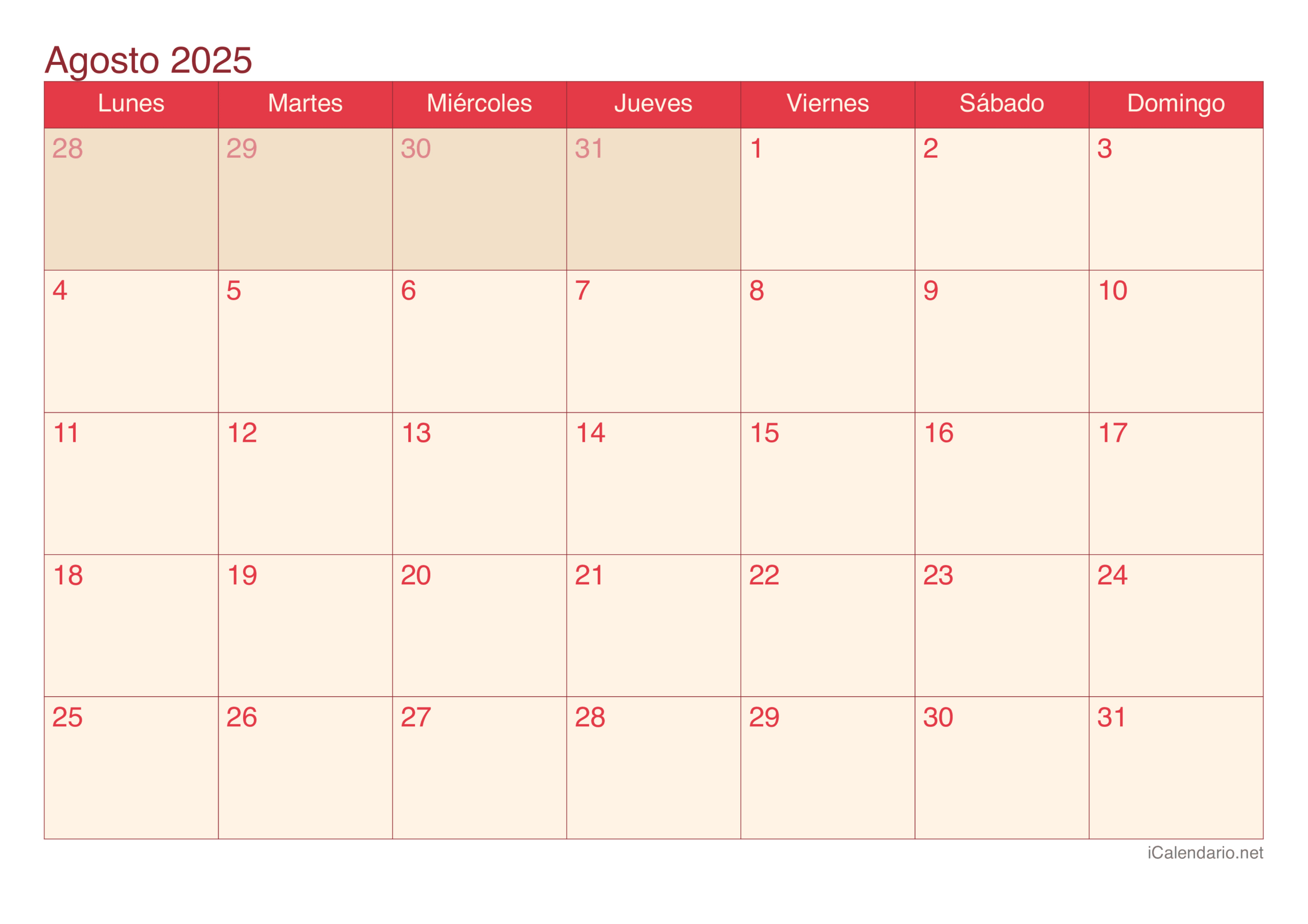 Calendario Agosto De 2025 Para Imprimir | Calendario Agosto 2025 Para Imprimir
