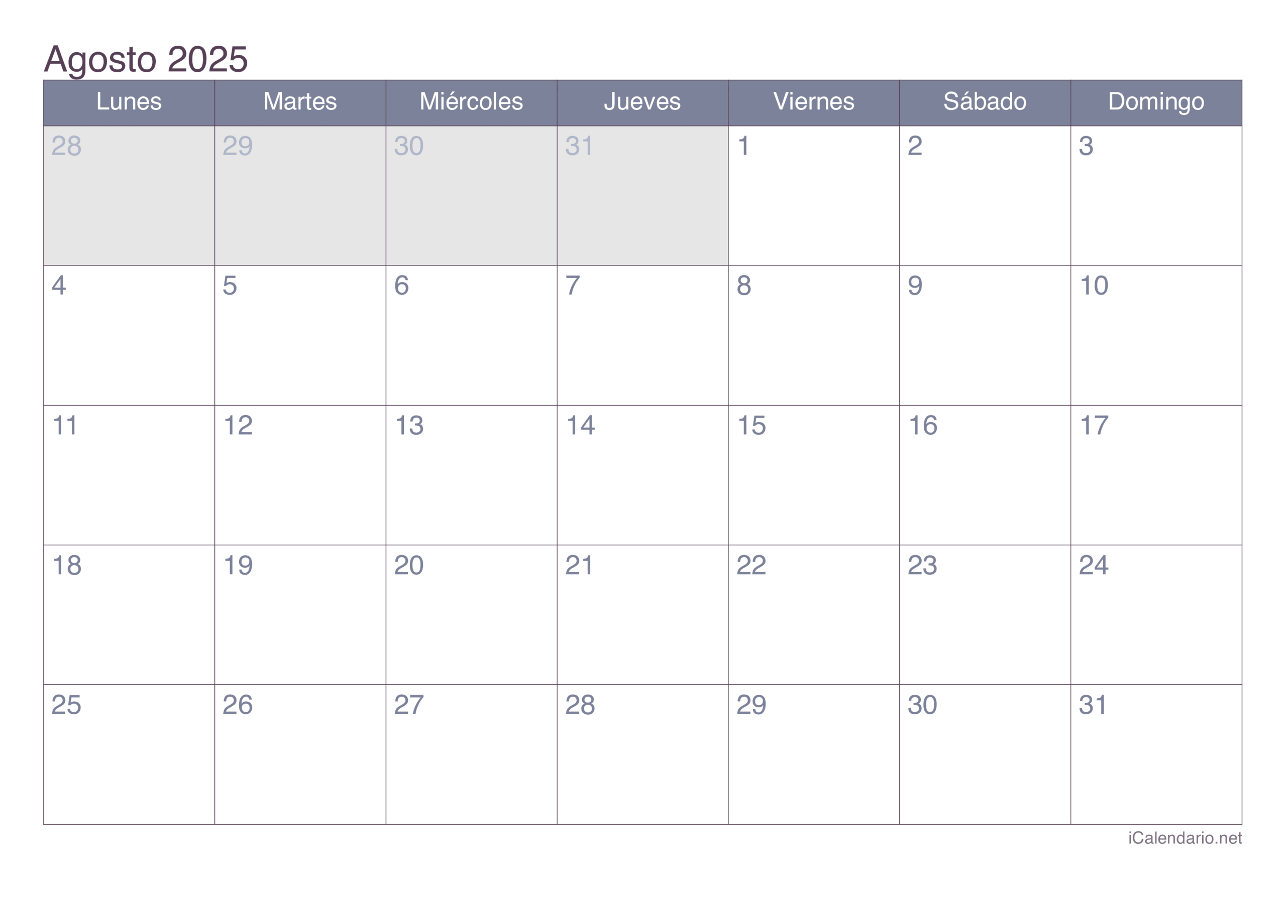 Calendario Agosto De 2025 Para Imprimir | Calendario Agosto 2025 Para Imprimir