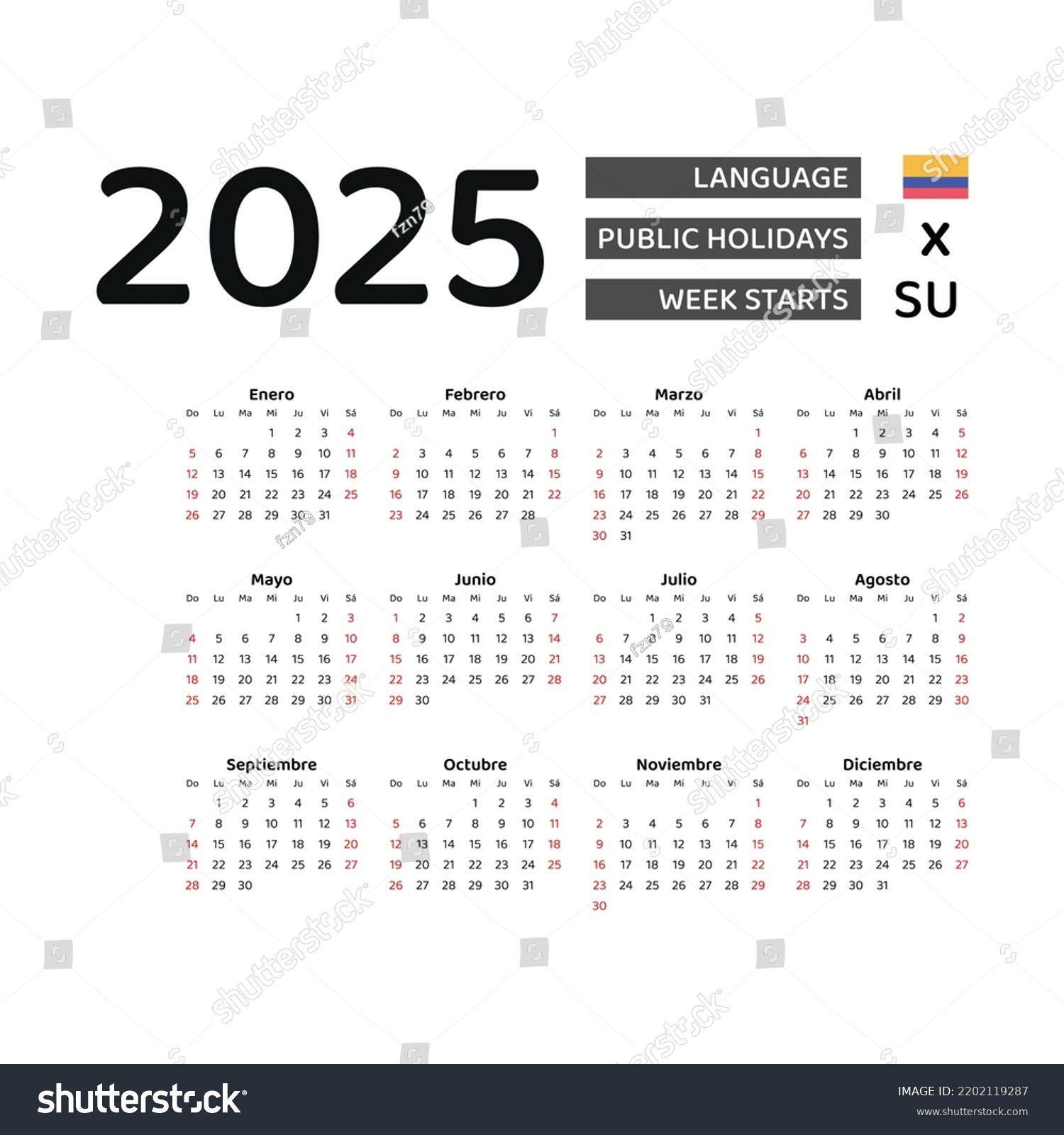 Calendario Colombia 2025. La Semana Comienza: Vector De Stock | Calendario Año 2025 Colombia