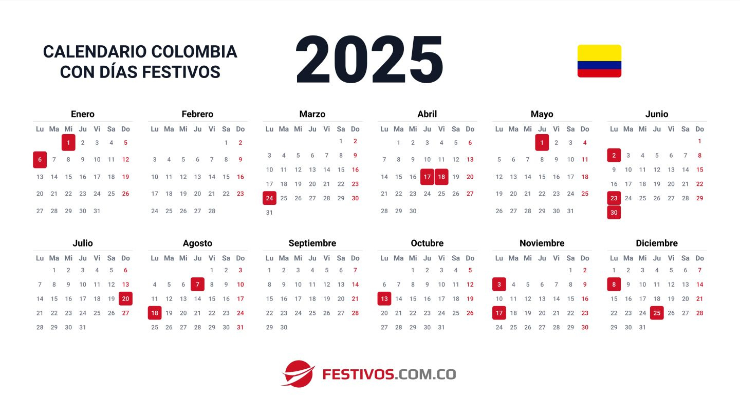 Calendario De Colombia 2025 Con Festivos | Calendario 2025 Colombia Con Festivos