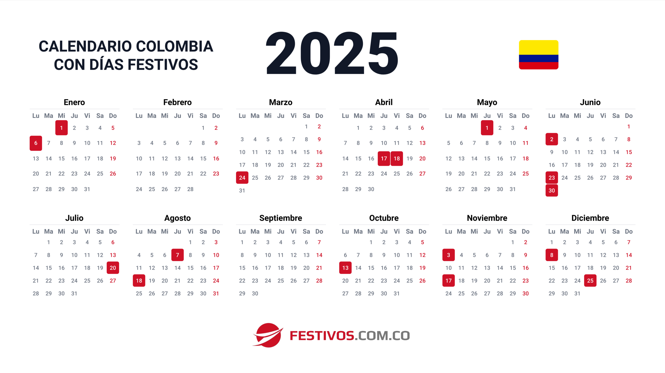 Calendario De Colombia 2025 Con Festivos | Calendario De 2025 Con Festivos