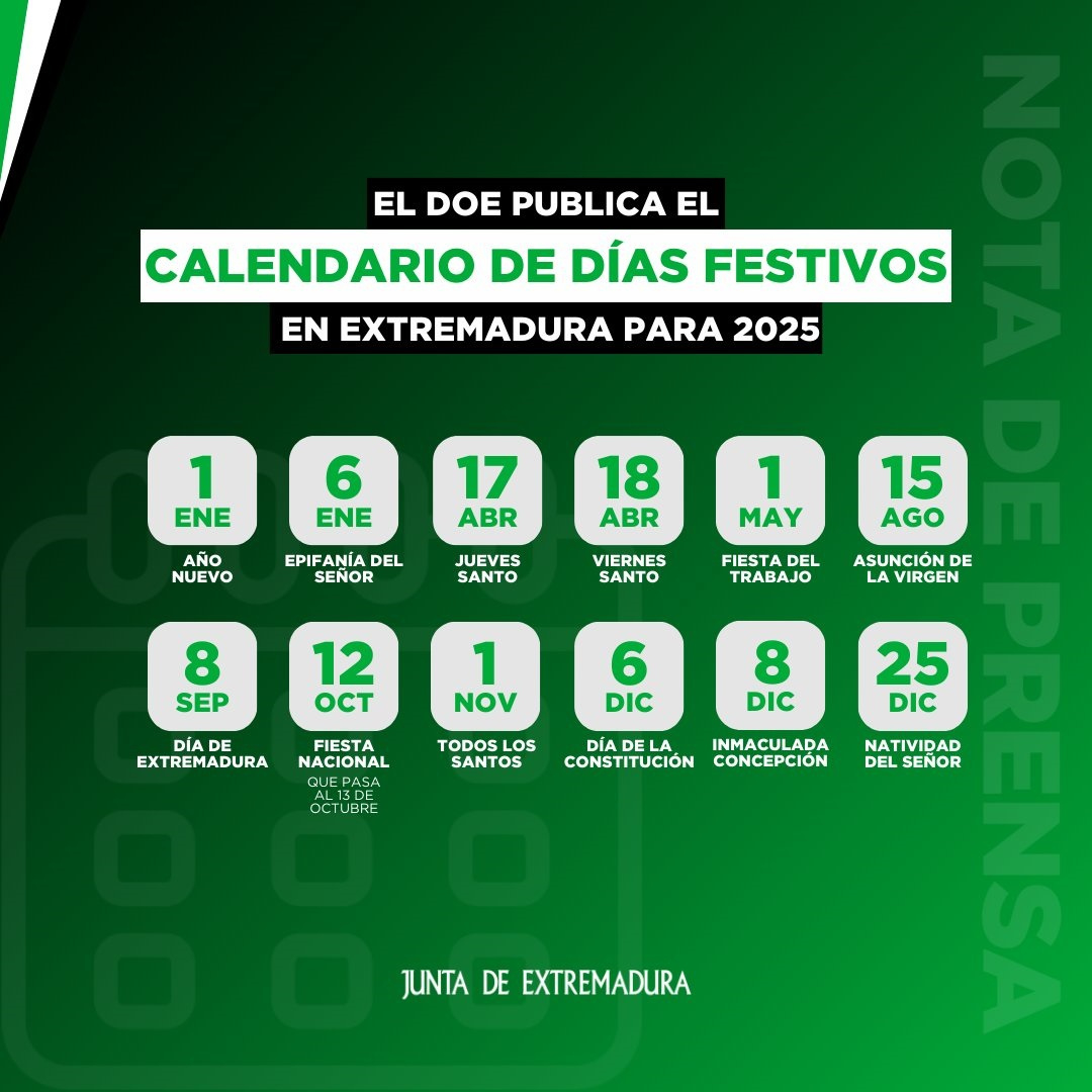 Calendario De Días Festivos En Extremadura Para El Año 2025 | Calendario Festivos Extremadura 2025