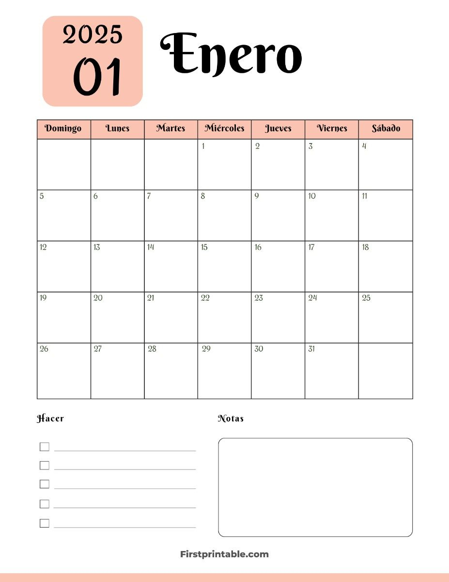 Calendario De Enero 2025 Imprimible Gratis | Firstprintable | Calendario Enero 2025 Clara
