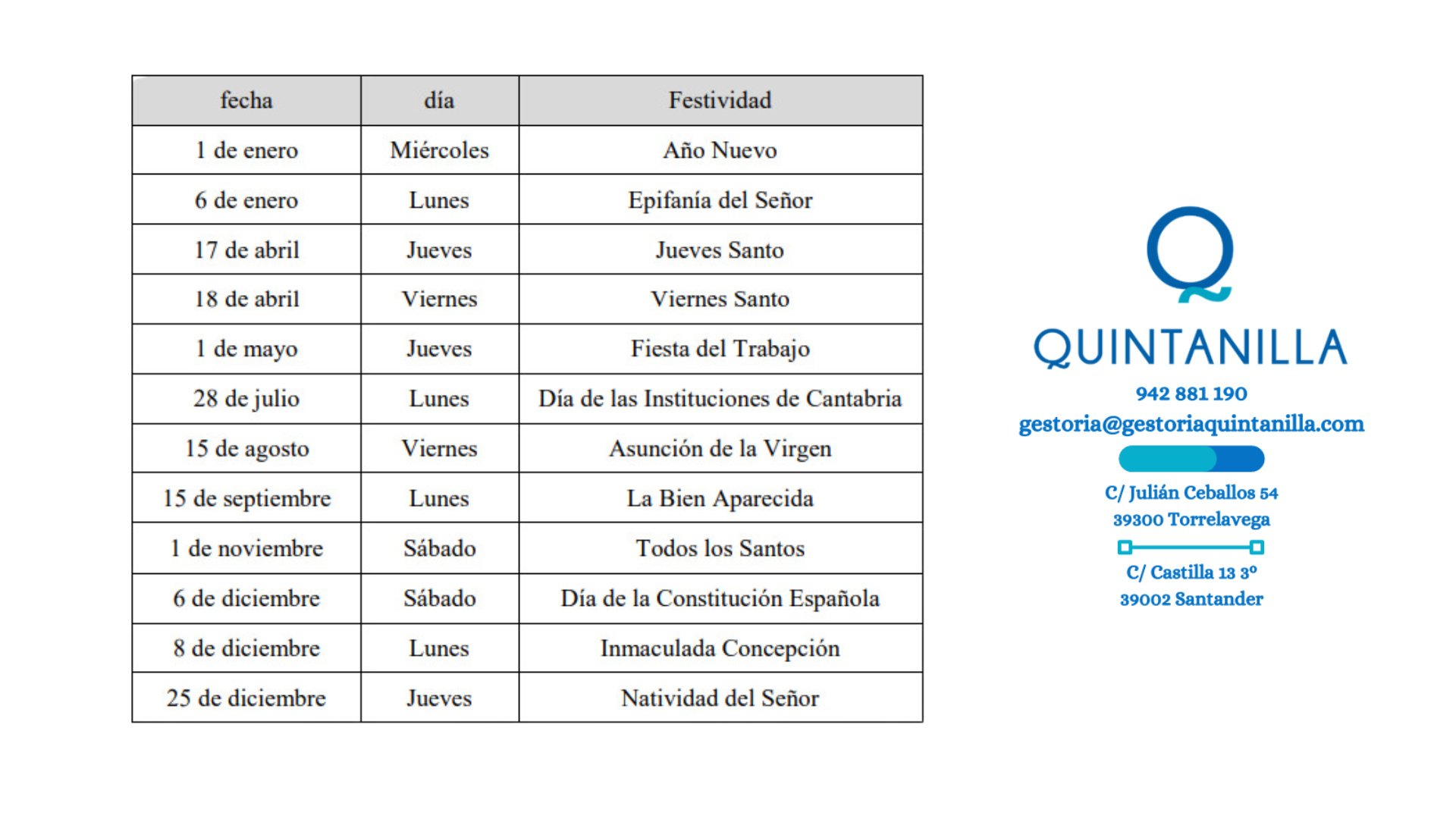 Calendario De Fiestas Laborales 2025 En Cantabria | Gestoria | Calendario Laboral Cantabria 2025 Boc