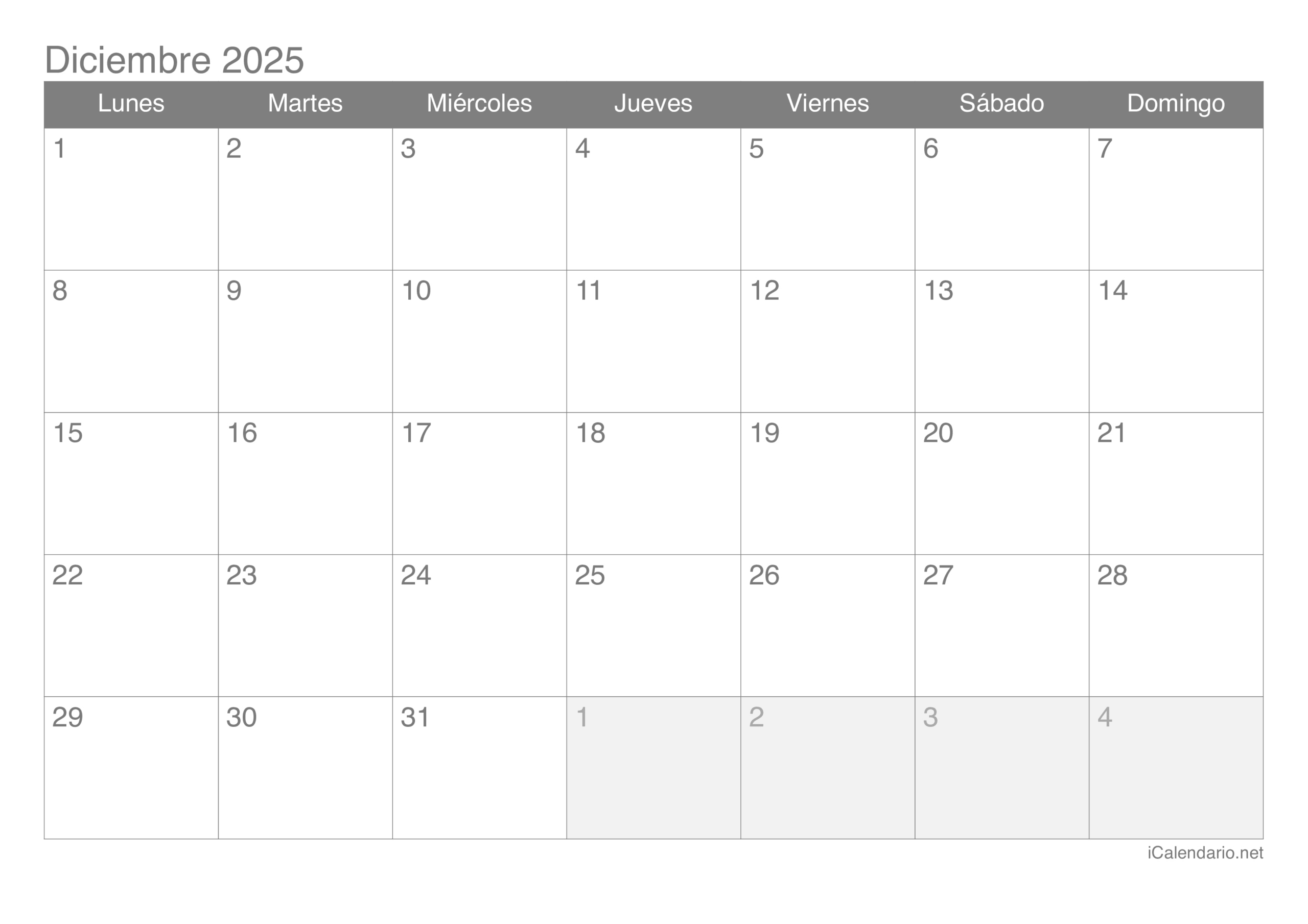 Calendario Diciembre De 2025 Para Imprimir | Calendario Diciembre Y Enero 2025