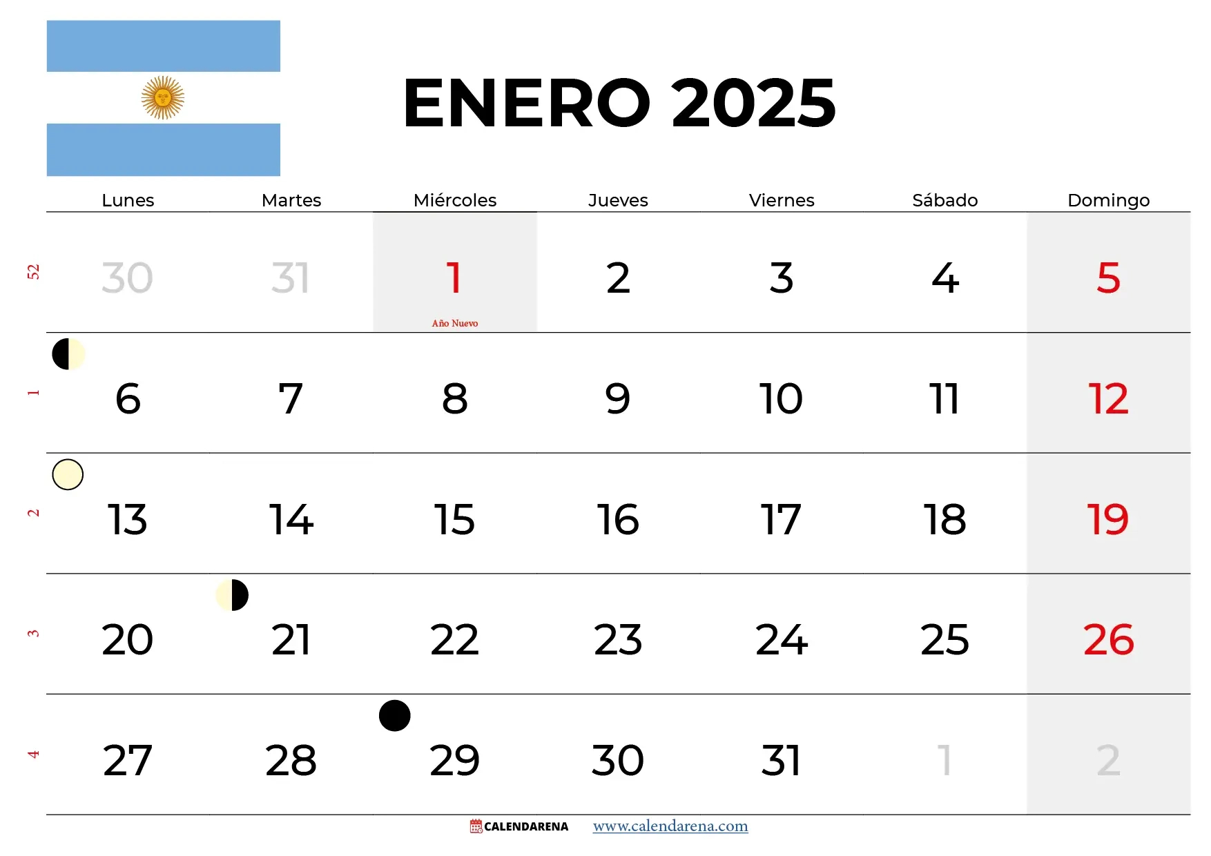 Calendario Enero 2025 Argentina Para Imprimir | Calendario De Enero Del 2025