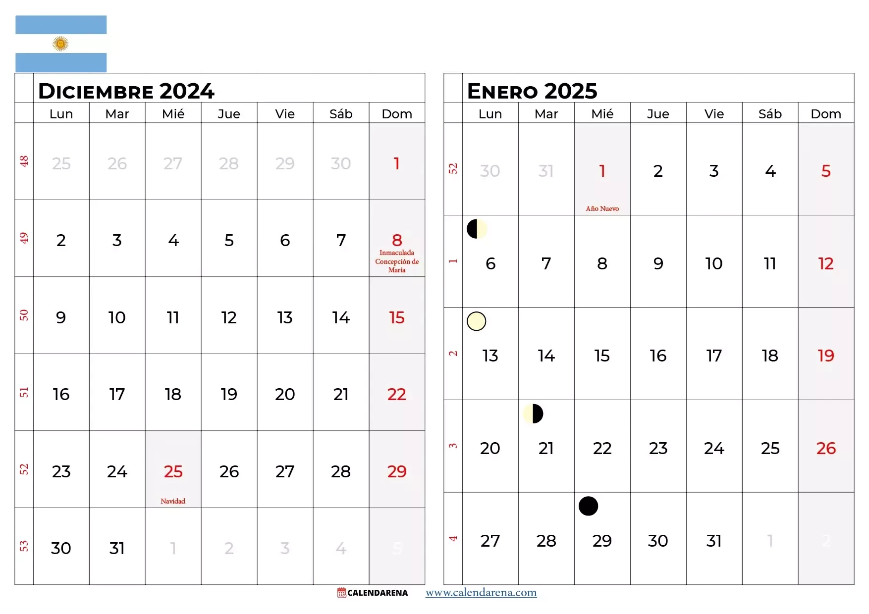 Calendario Enero 2025 Argentina Para Imprimir | Calendario Diciembre Y Enero 2025