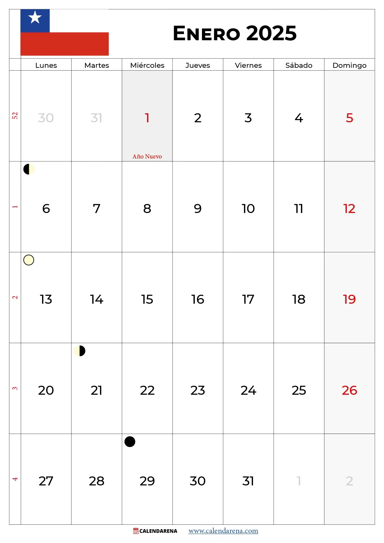 Calendario Enero 2025 Chile Para Imprimir | Calendario Enero 2025 Chile
