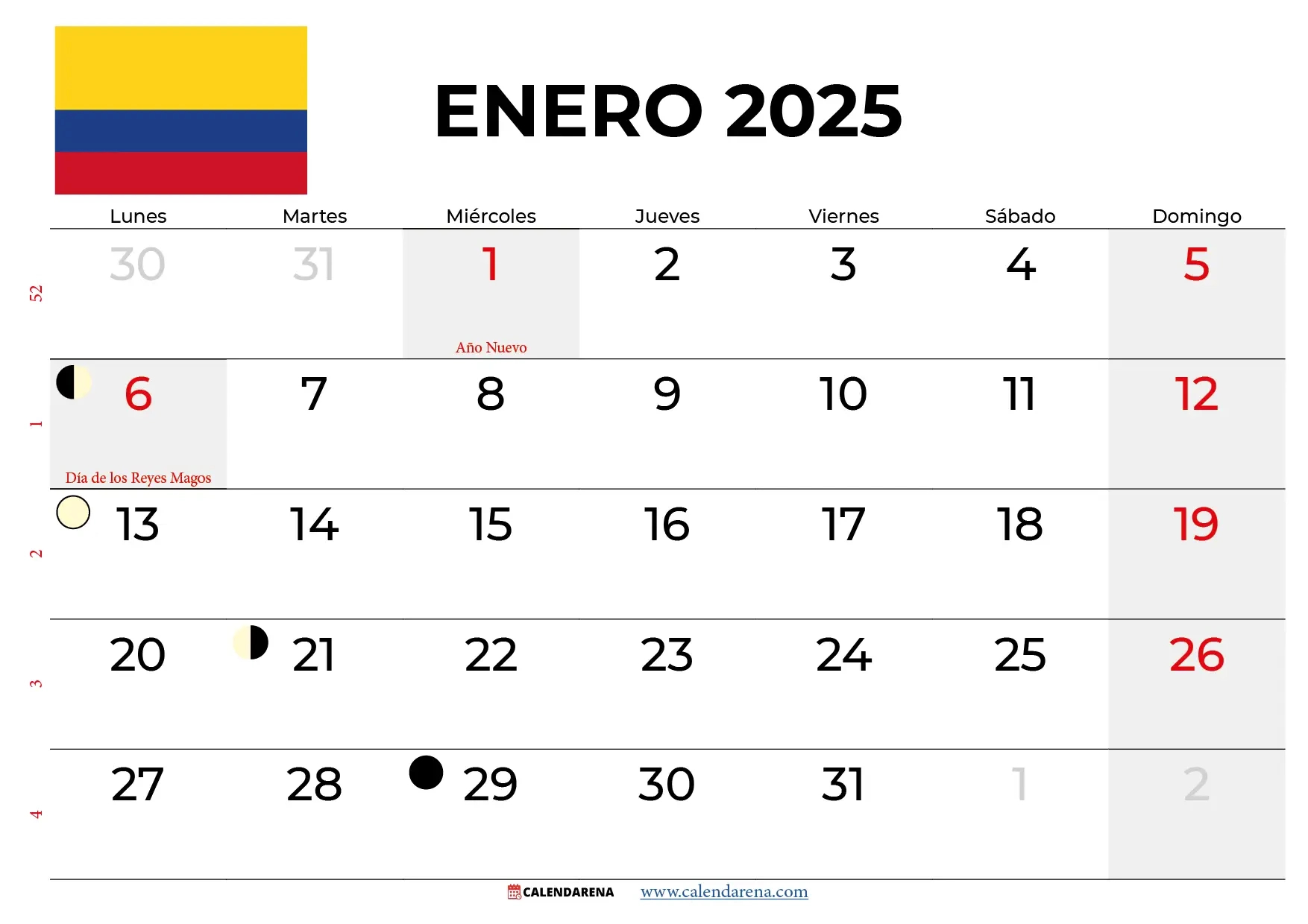 Calendario Enero 2025 Colombia Para Imprimir | Calendario Enero 2025 Con Festivos