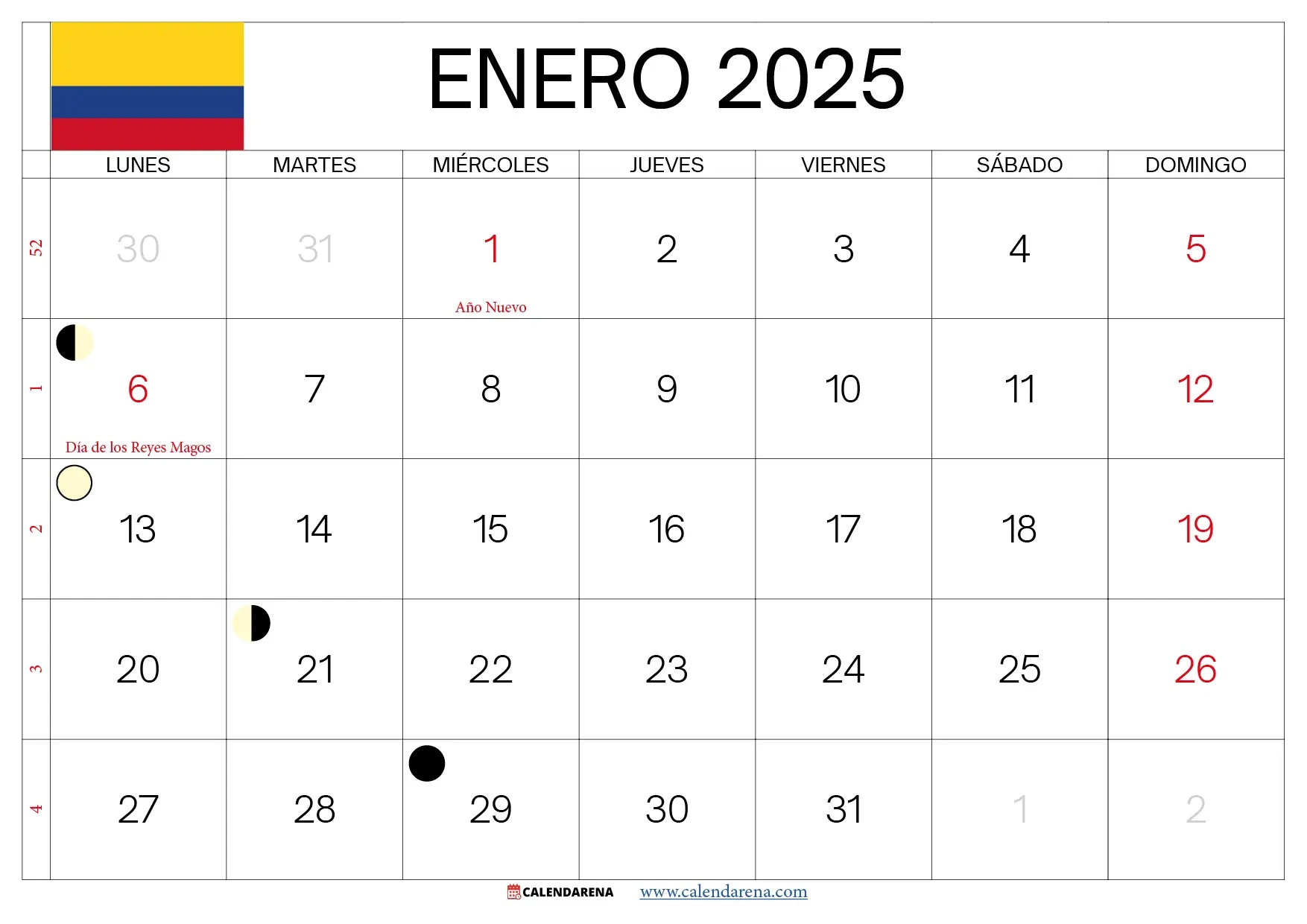 Calendario Enero 2025 Colombia Para Imprimir | Calendario Festivos Enero 2025
