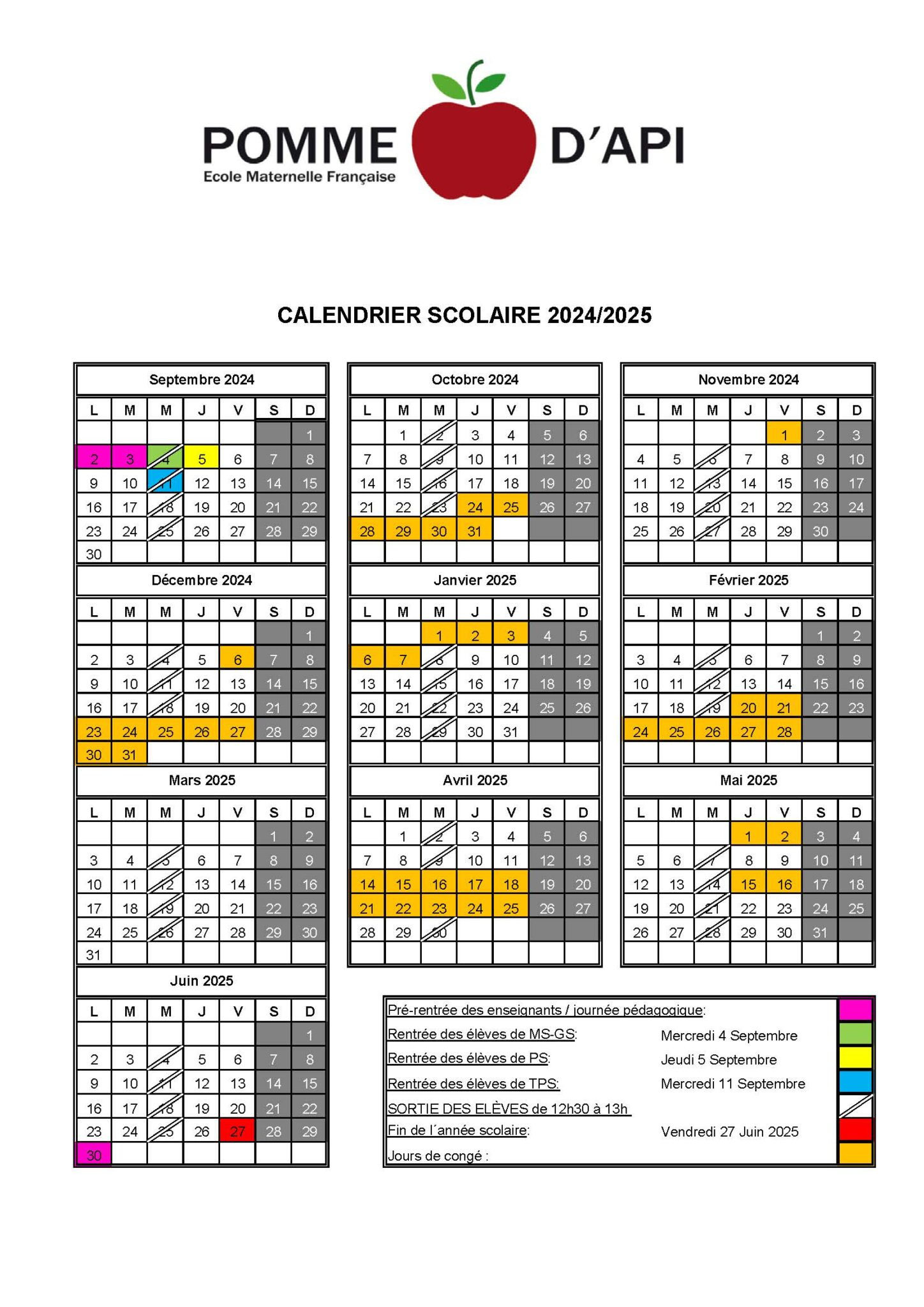 Calendario Escolar 2023 - 2024 Ecole Pomme D´api | Calendario Liceo Frances Madrid 2025