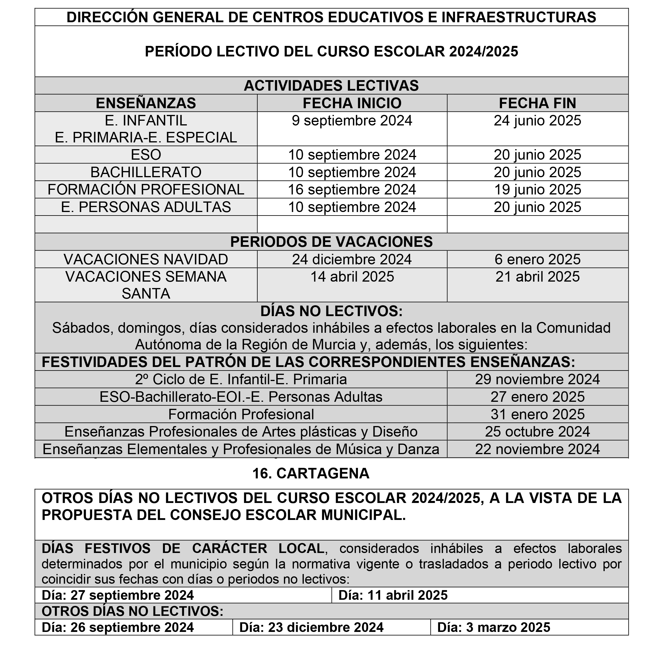 Calendario Escolar 2024-2025 | Ampa Vicente Ros | Calendario Escolar Cartagena 2025