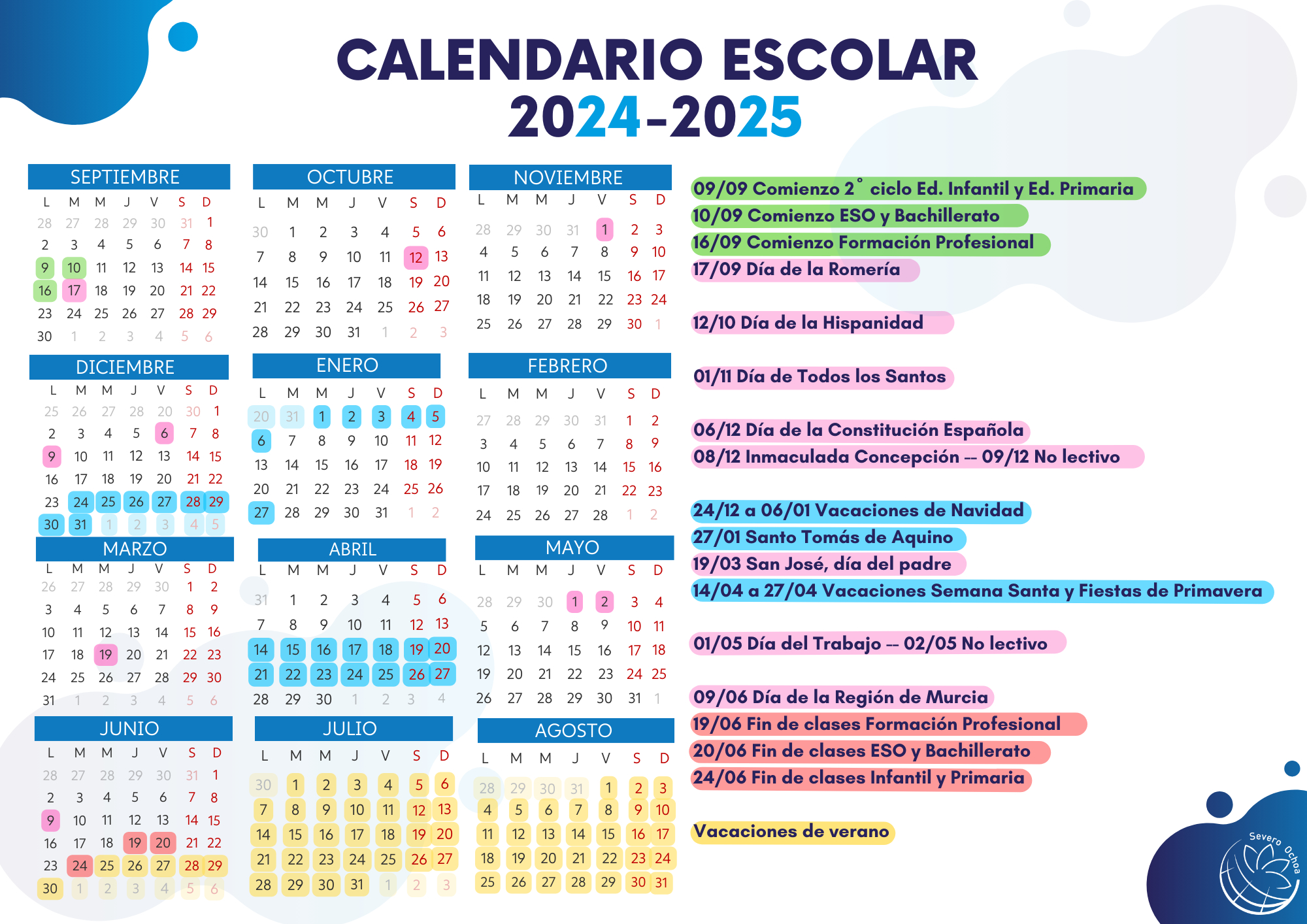 Calendario Escolar 2024-2025 - Colegio Severo Ochoa | Calendario Escolar Murcia 2025
