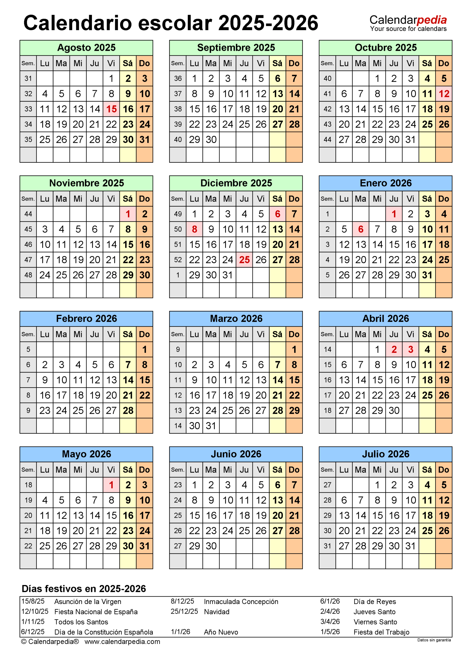 Calendario Escolar 2025-2026 En Word, Excel Y Pdf | Calendario Escolar 2025 2026 Andalucía