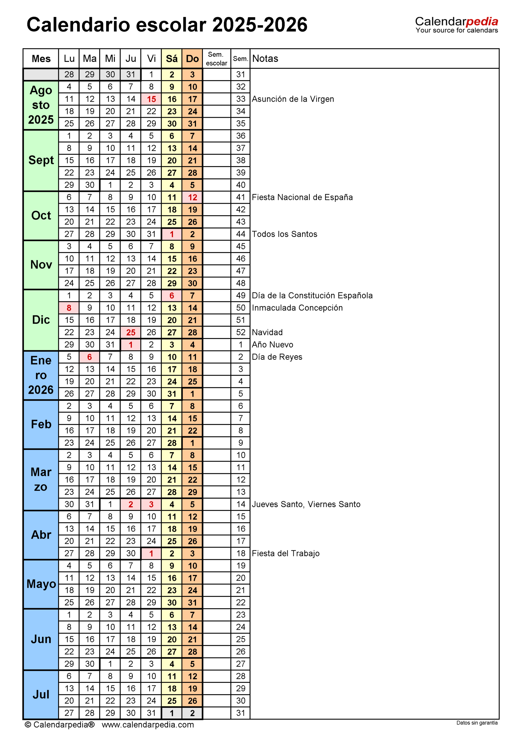 Calendario Escolar 2025-2026 En Word, Excel Y Pdf | Calendario Escolar 2025-26