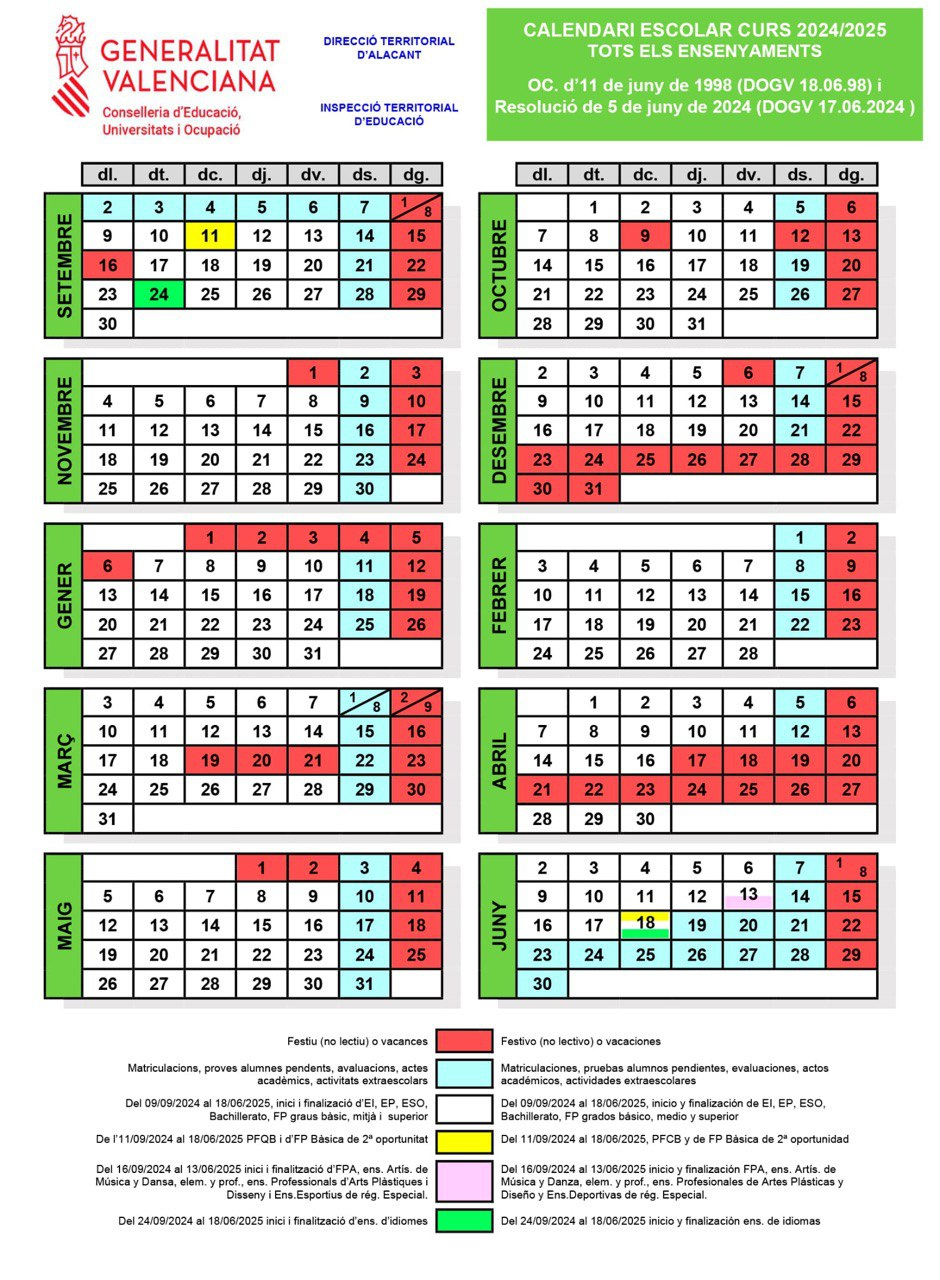 Calendario Escolar Curso 2024/2025 - Sant Joan D&amp;#039;Alacant | Calendario Escolar Comunidad Valenciana 2025