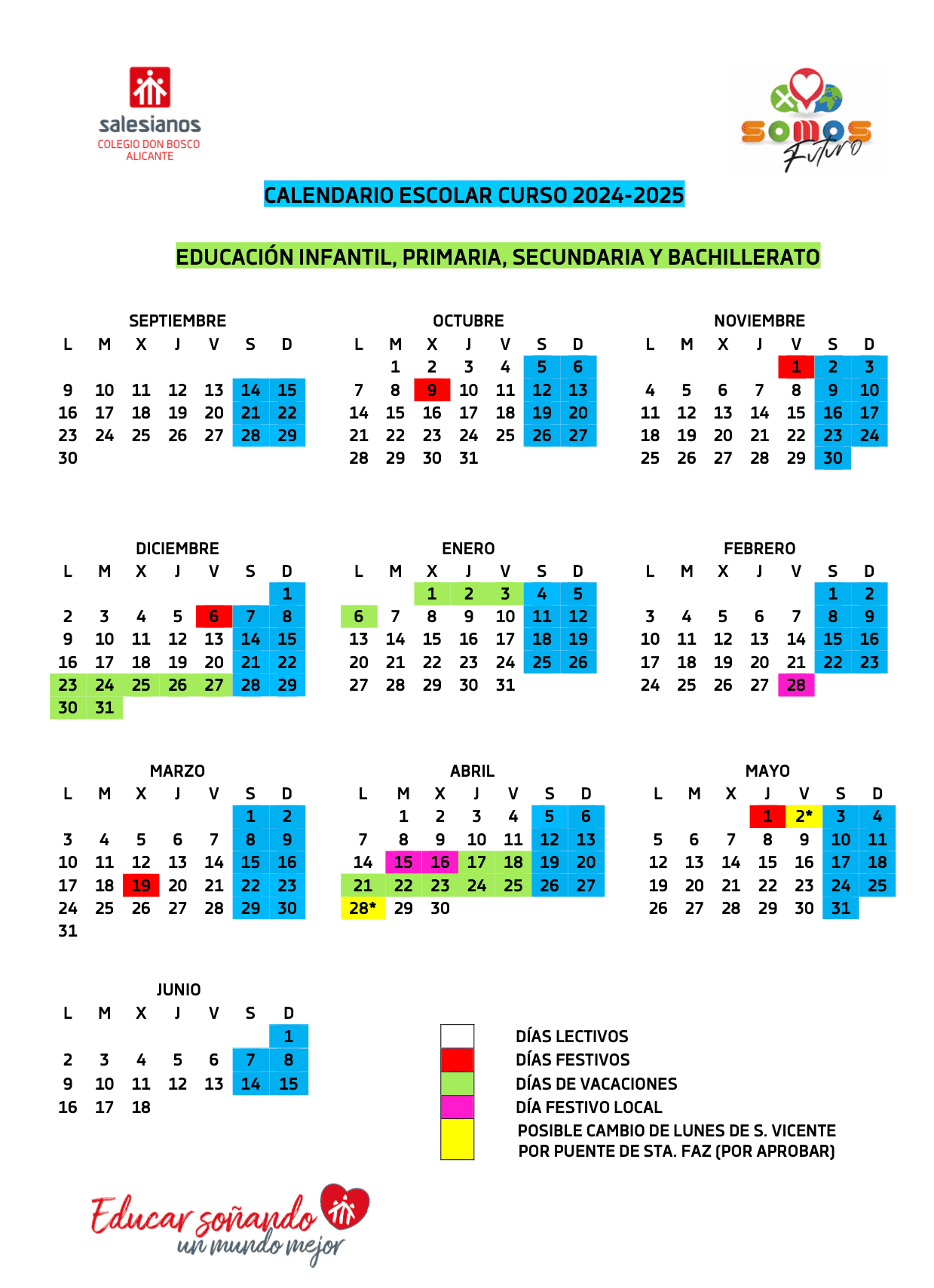 Calendario Escolar Curso 2024/25 | Colegio Don Bosco Alicante | Calendario Escolar 2025 Alicante