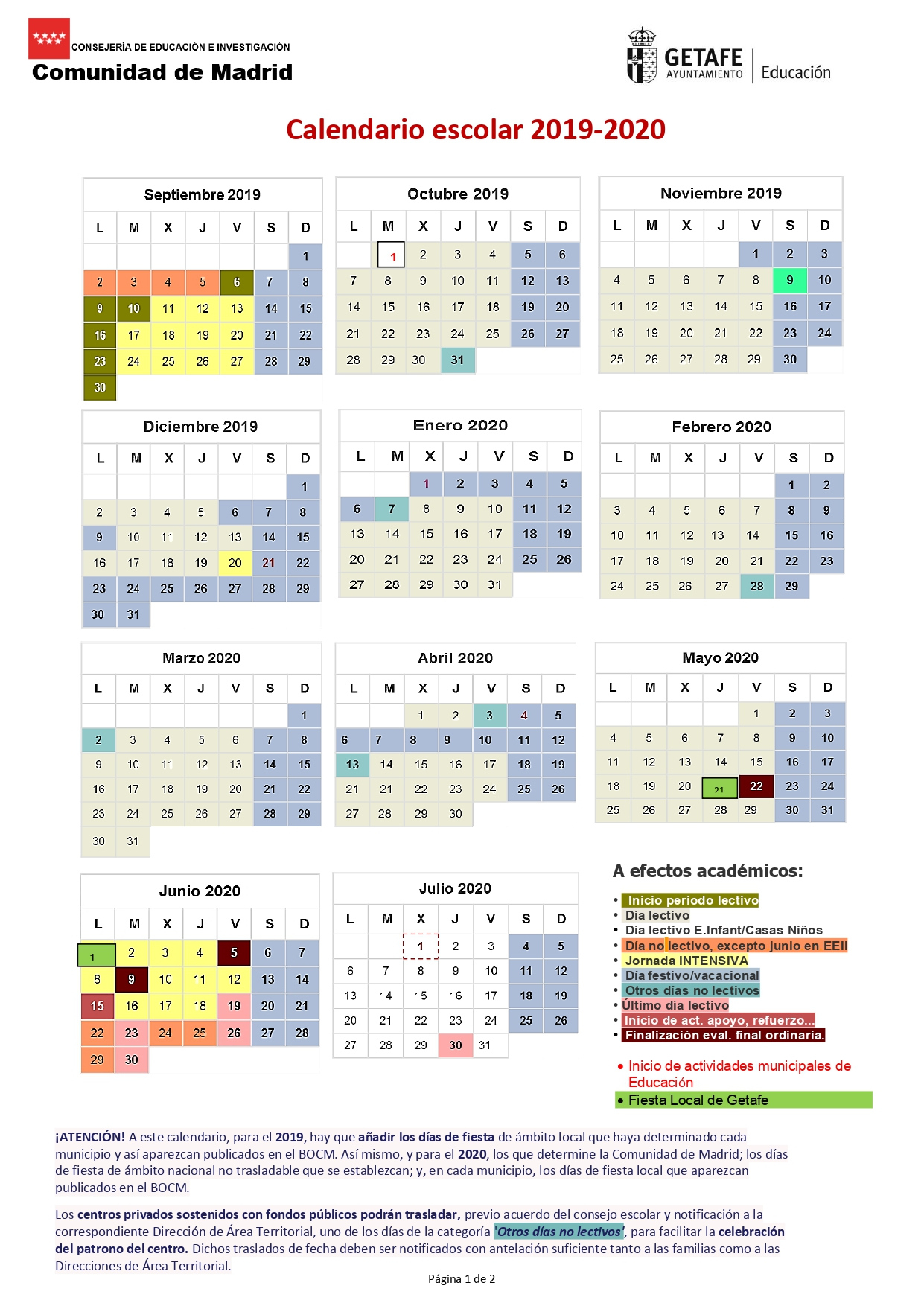 Calendario Escolar De Getafe 2019/2020 - Educación | Calendario Escolar Getafe 2025