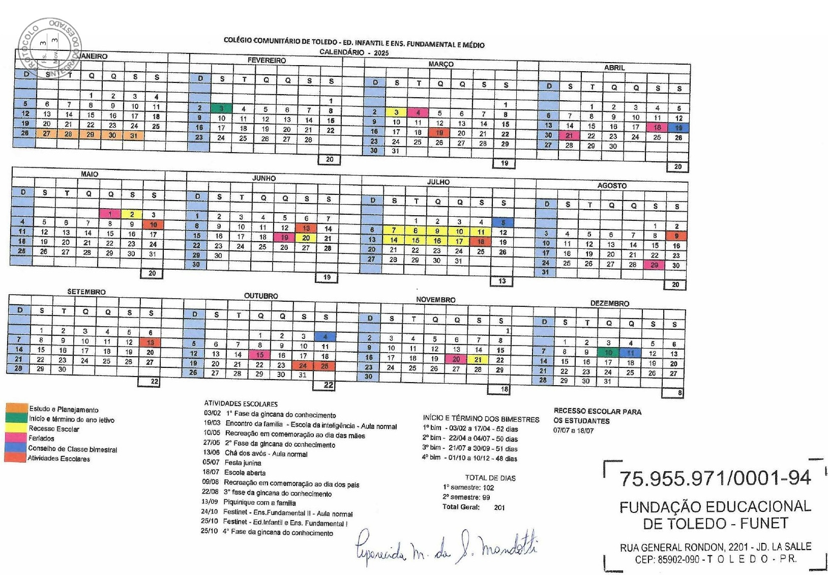 Calendário Escolar - Funet - Fundação Educacional De Toledo | Calendario Escolar Toledo 2025
