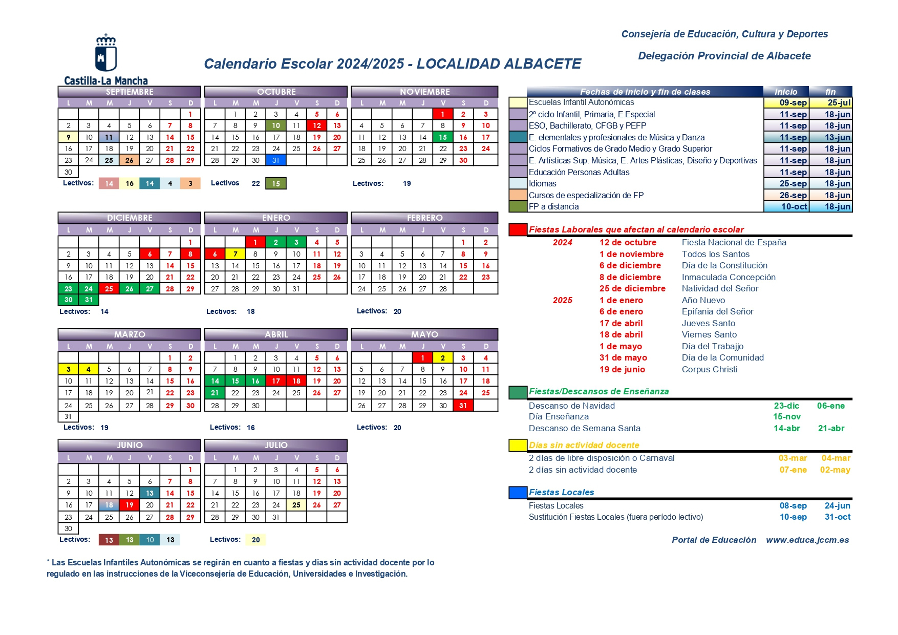 Calendario Escolar Localidad Albacete 2024-2025 | Ceip Parque Sur | Calendario Escolar Albacete Capital 2025