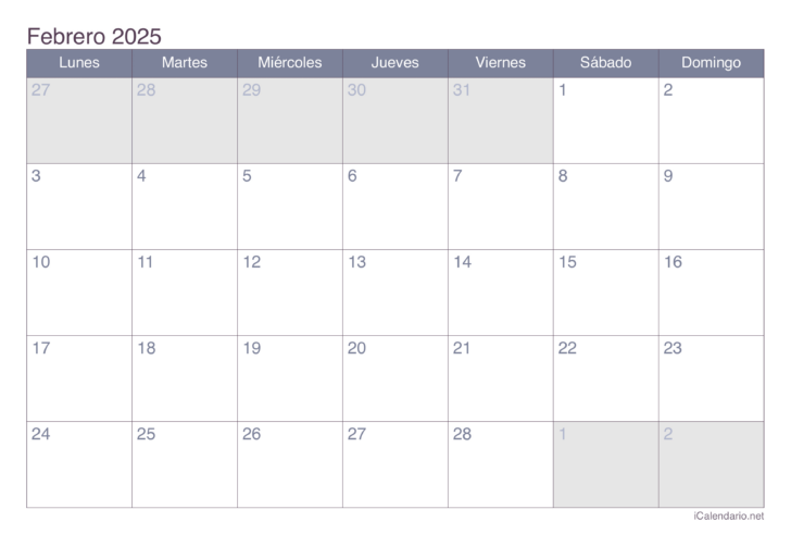 Calendario Enero Febrero 2025