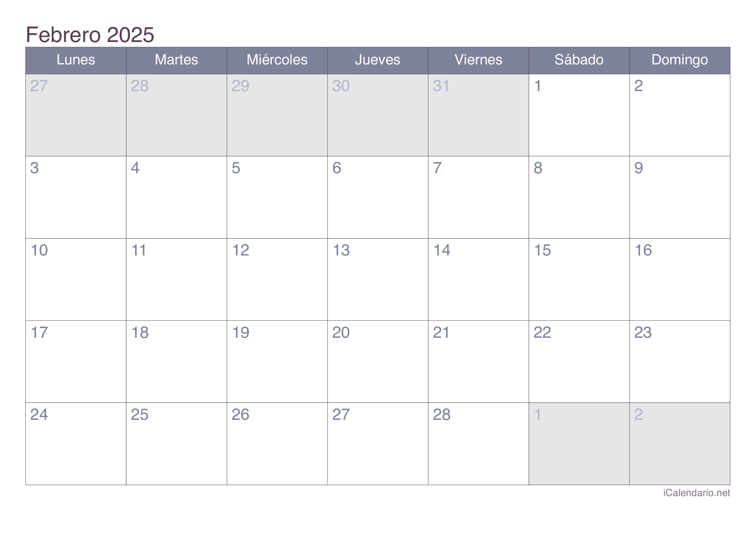 Calendario Febrero De 2025 Para Imprimir | Calendario Enero Febrero 2025